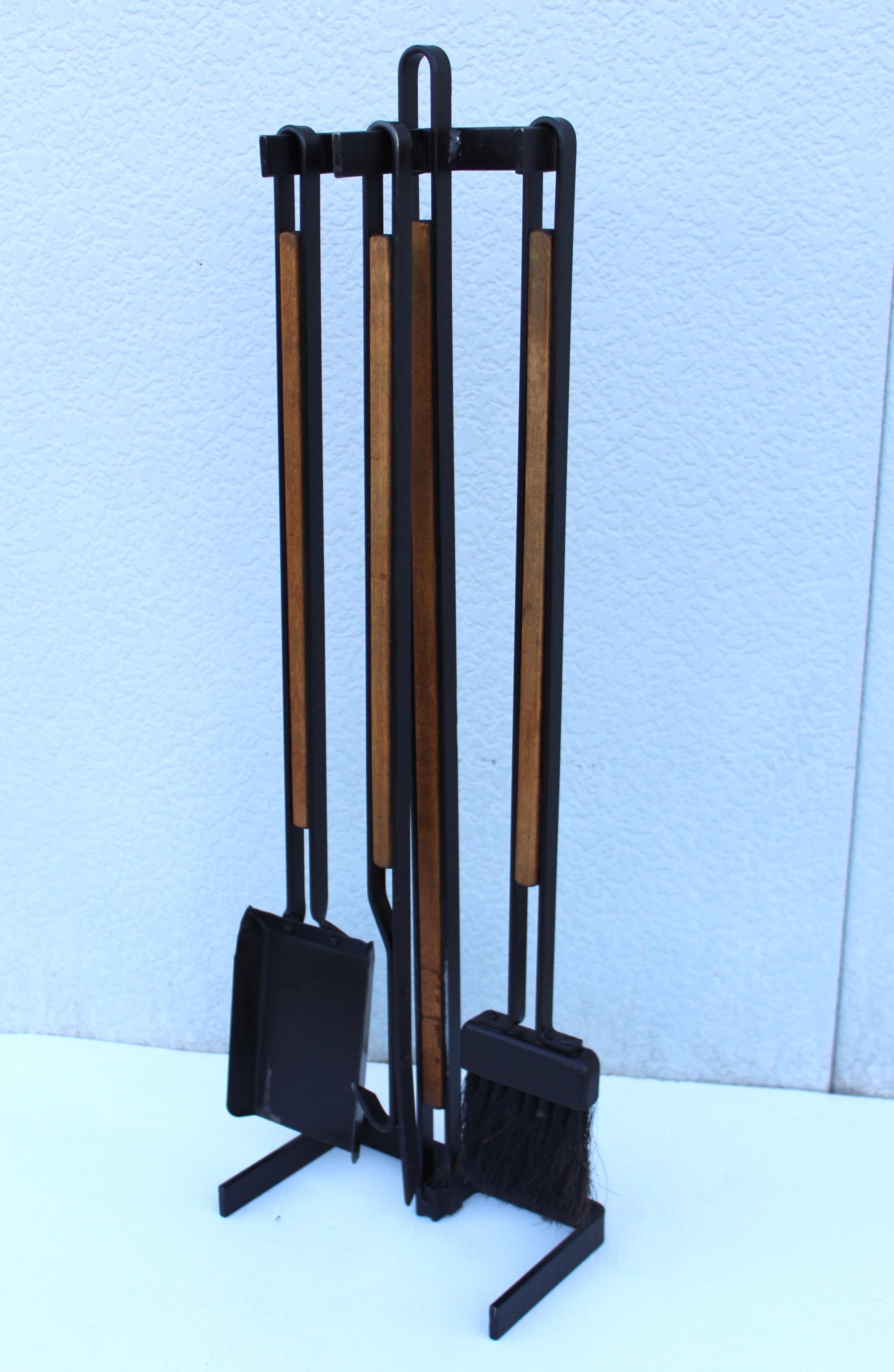 Mid-Century Modern 1960s Tony Paul Attributed Oak and Iron Fireplace Tools