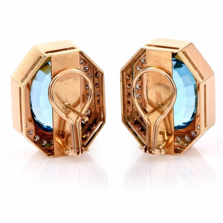 1980s Topaz Diamond Oval 18 Karat Gold Stud Clip-On Earrings In Excellent Condition In Miami, FL
