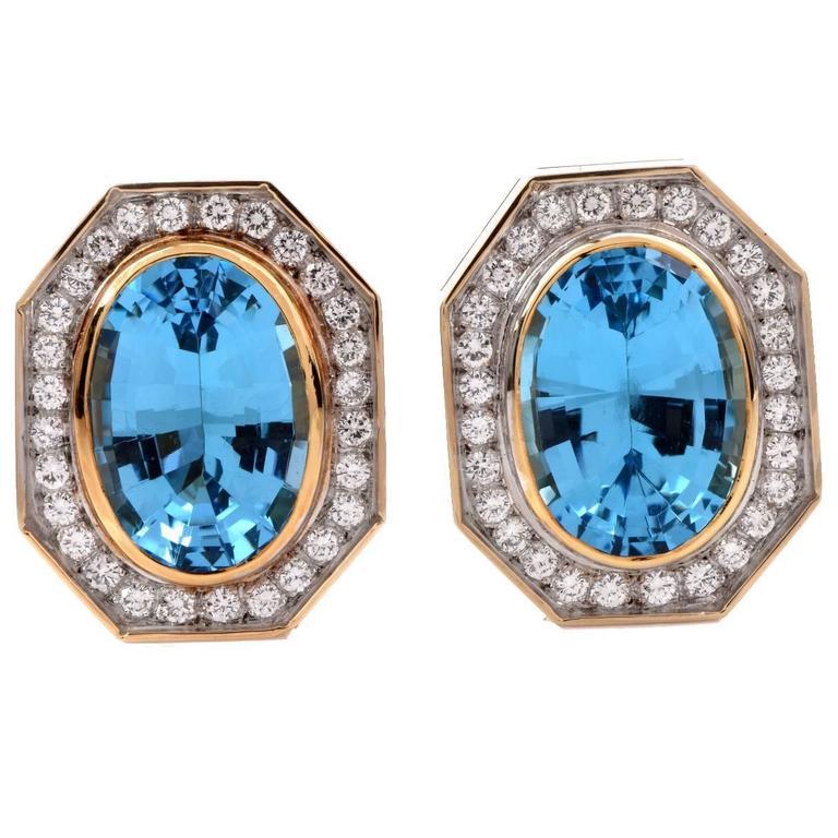 1980s Topaz Diamond Oval 18 Karat Gold Stud Clip-On Earrings