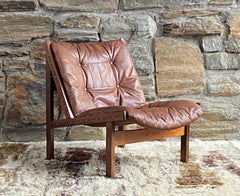 1960's Torbjorn Afdal leather & wood Hunter lounge chair for Bruksbo Norway