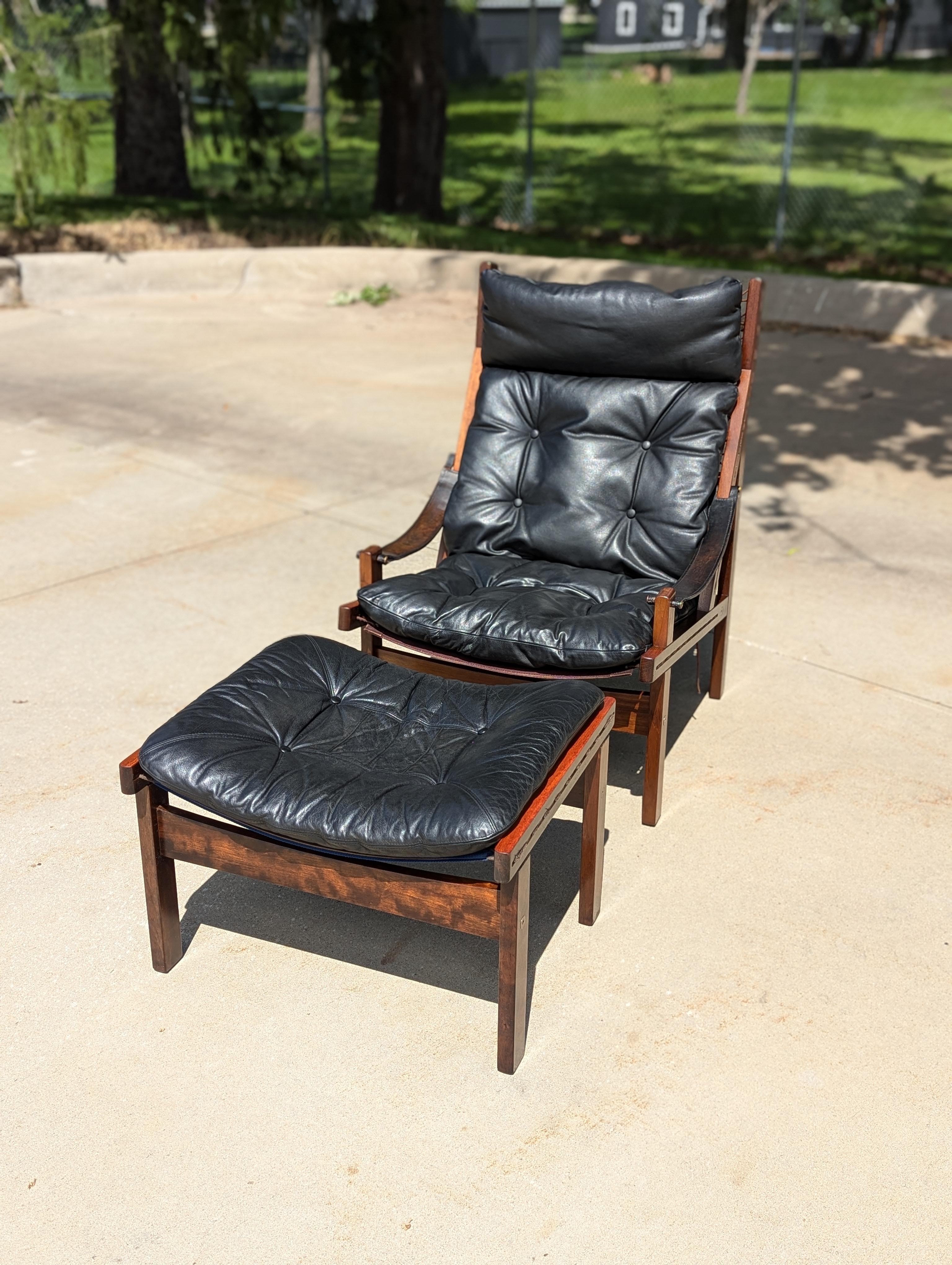 Leather 1960s Torbjørn Afdal Hunter Chair and matching Footstool, Norway