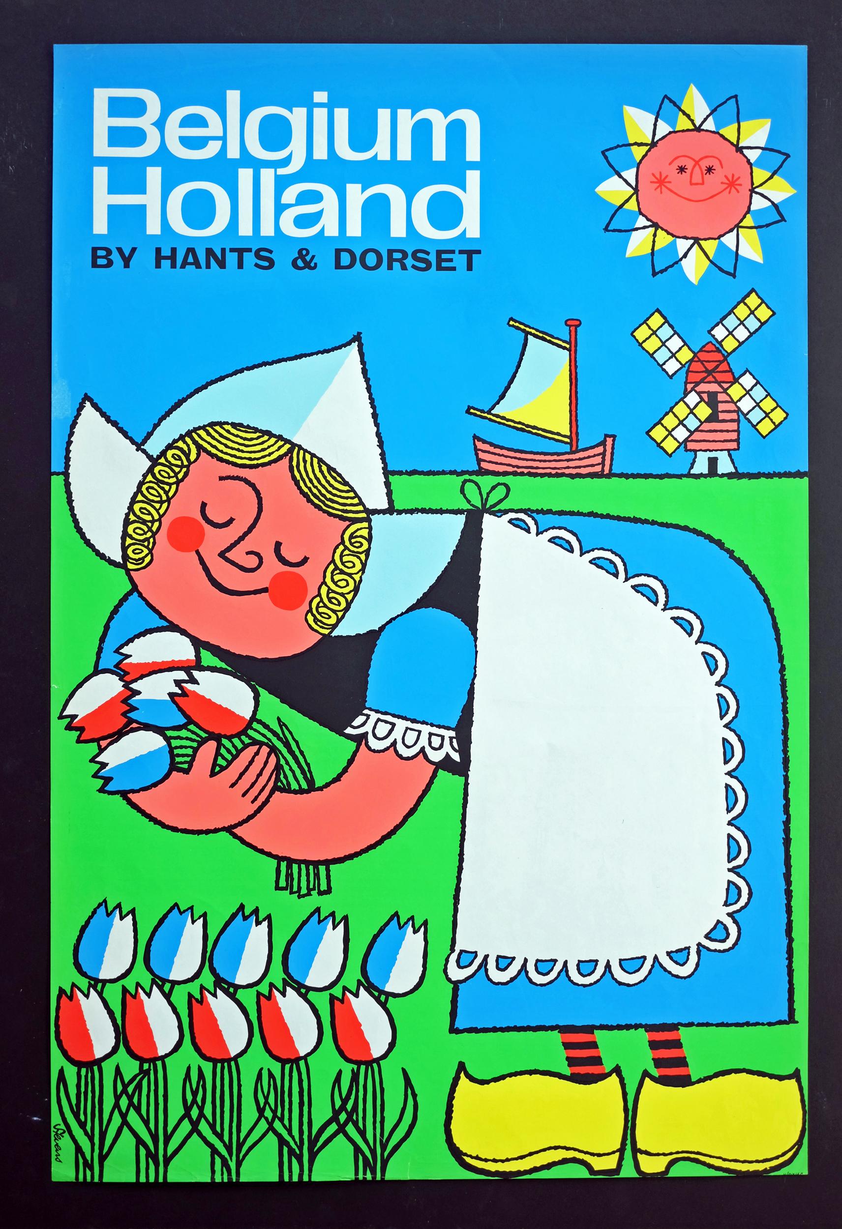 1967 Travel poster for Belgium and Holland designed by Harry Stevens for Hants and Dorset Buses, UK. Rolled.

Measures: L 76cm x W 51cm.