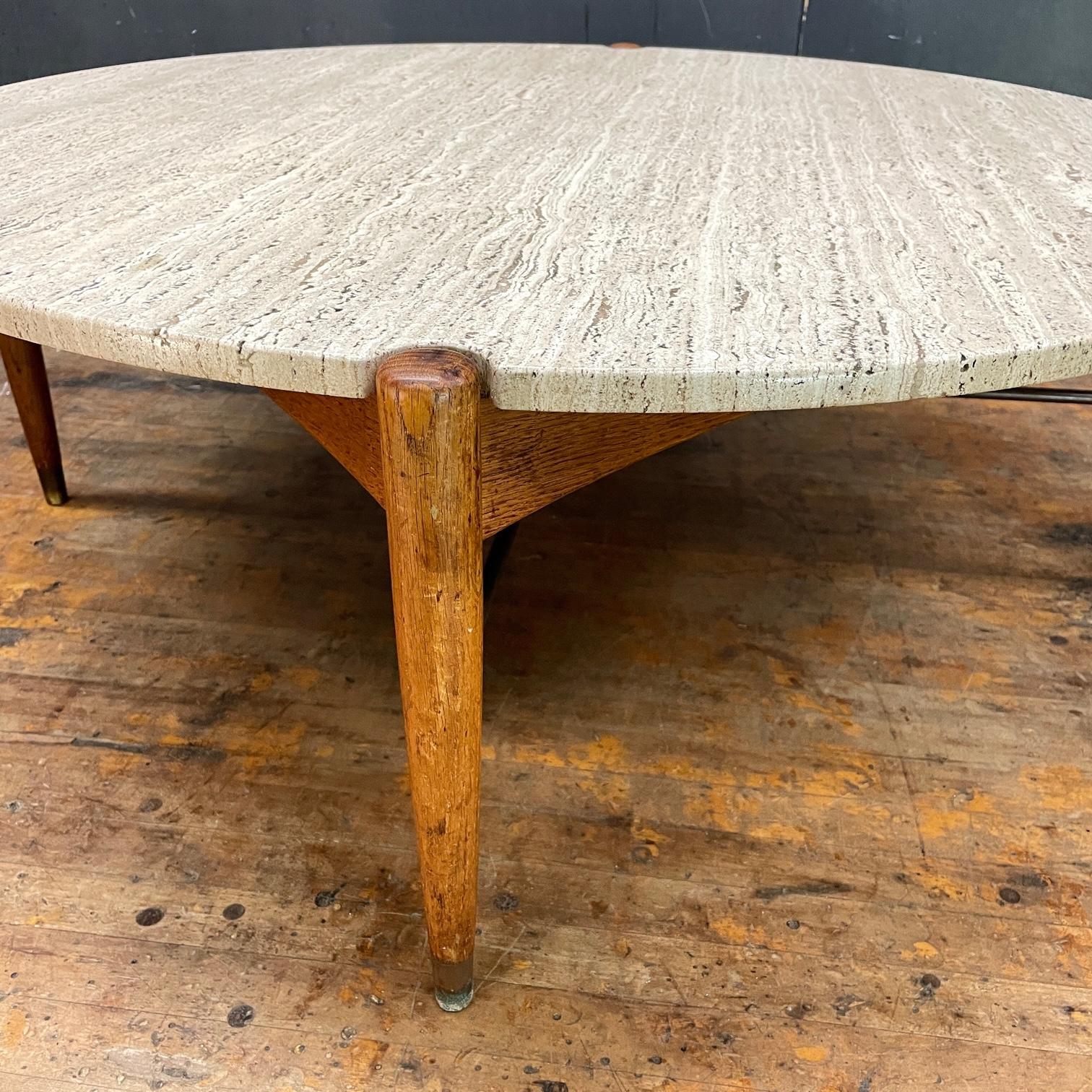 1960s Stone Oak Brass Coffee Table Vintage Mid-Century Danish, Sarasota Style In Good Condition In Hyattsville, MD