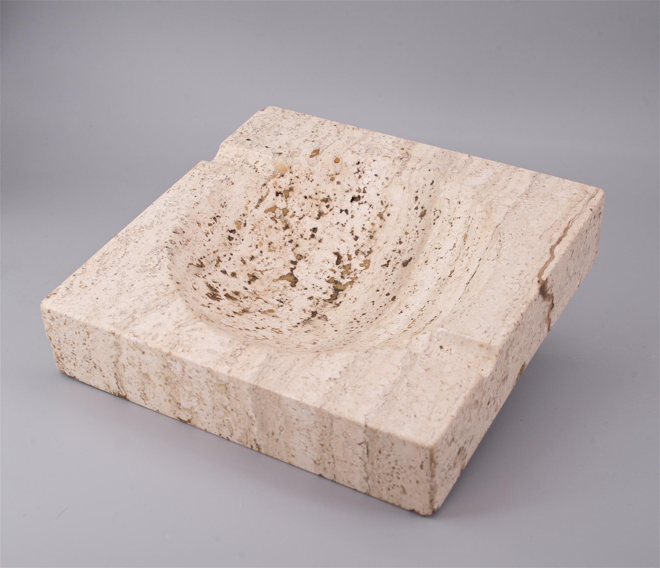 Great Large Size and Quality Heft. 7 by 7 and 3lbs. Showing pits naturally in the travertine and one small chip to a corners, pictured. Presents very well. No makers markings. Designer and Manufacturer remain unknown. only attributed. Procured from