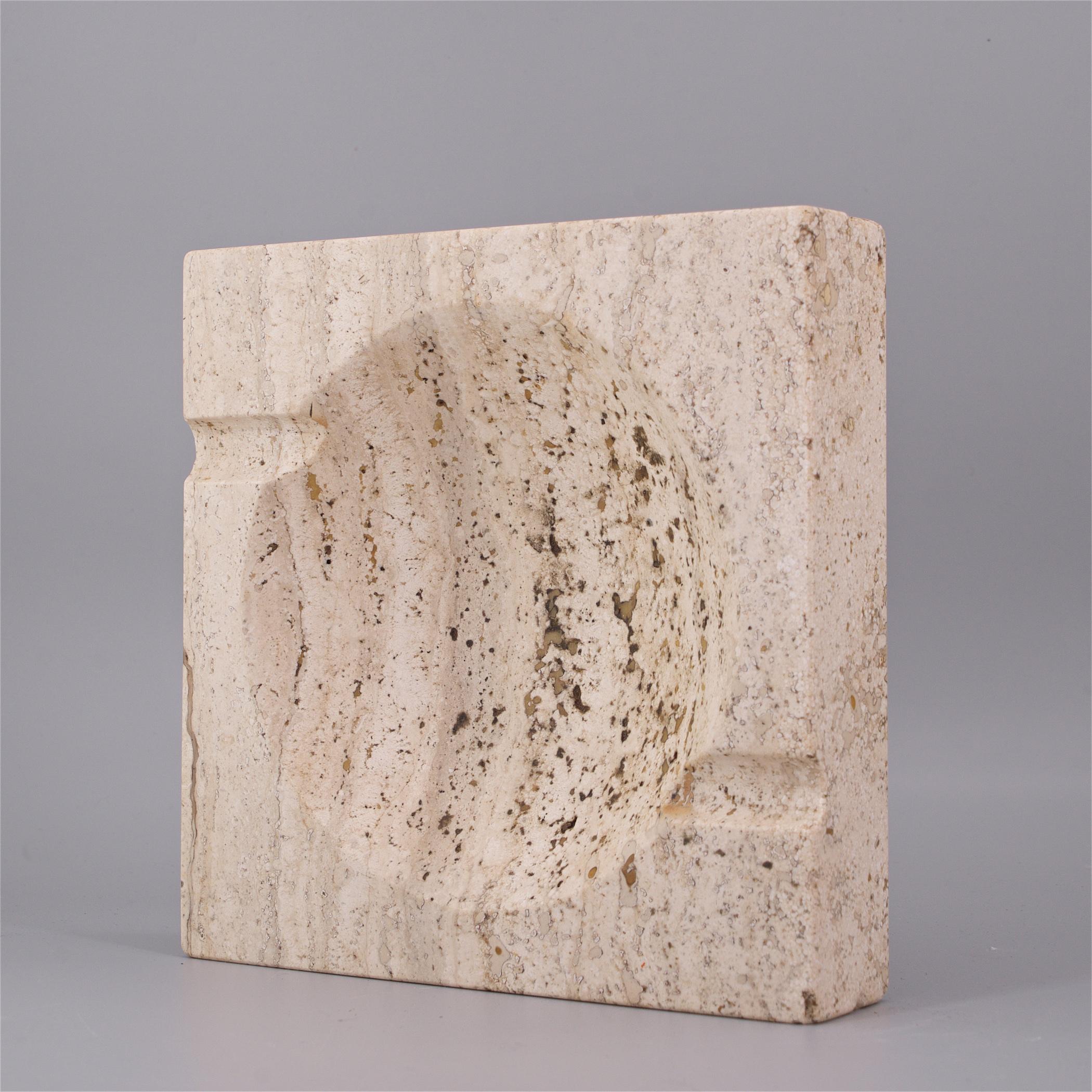 Hand-Crafted 1960s Travertine Marble Ashtray Vintage Italian Stone Geometric Post-Modern For Sale