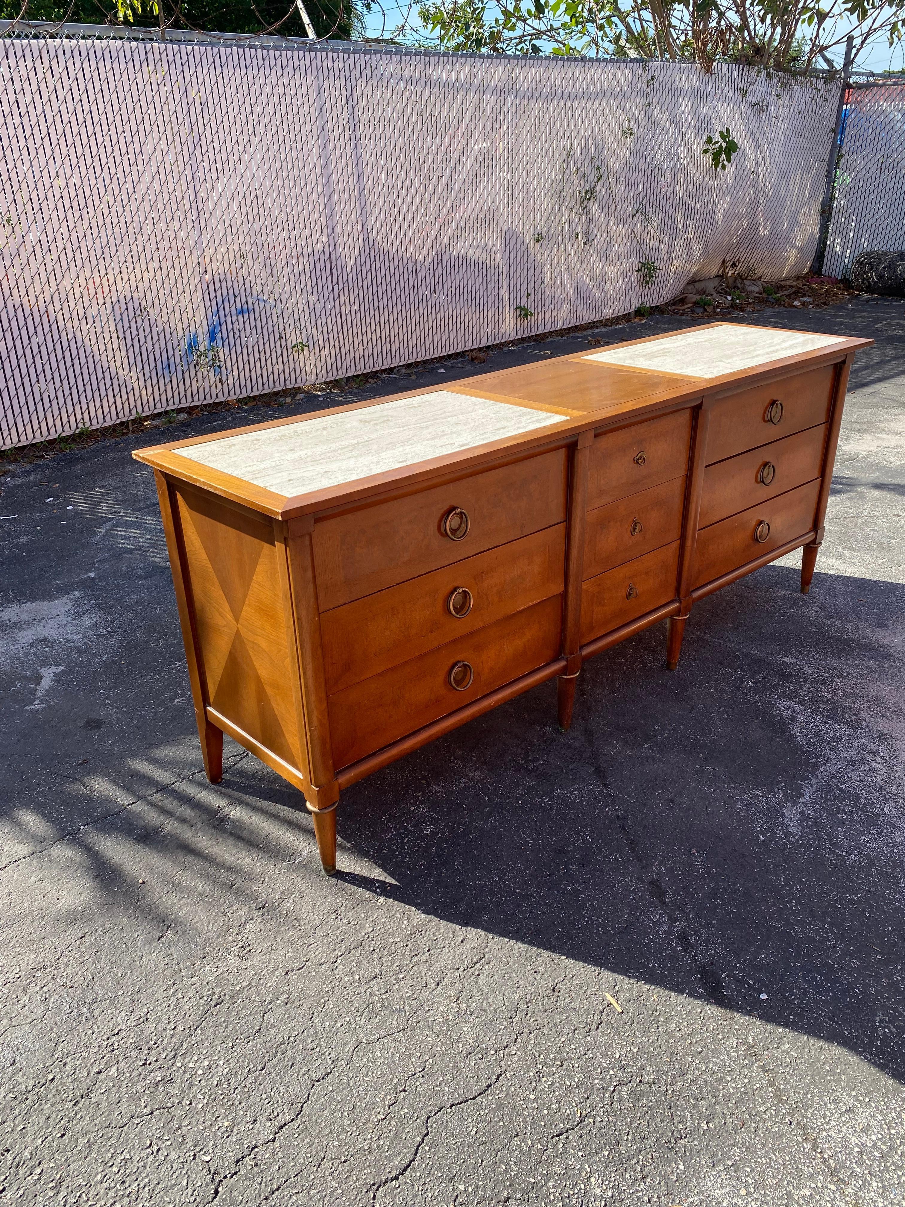 American 1960s Travertine Wood Sideboard Dresser Storage Cabinet For Sale