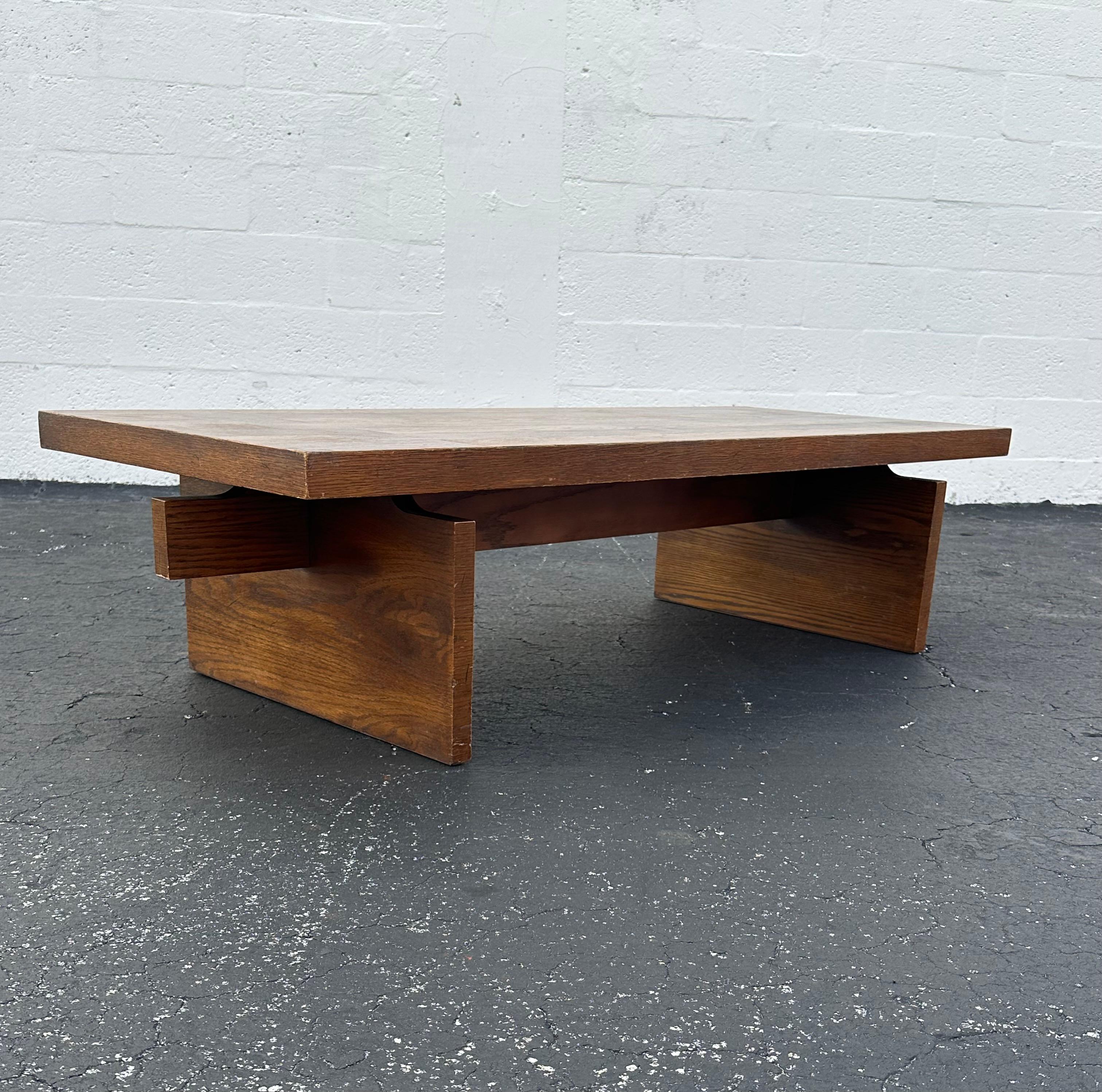 American 1960s Trestle Style Wood Rectangle Coffee Table For Sale
