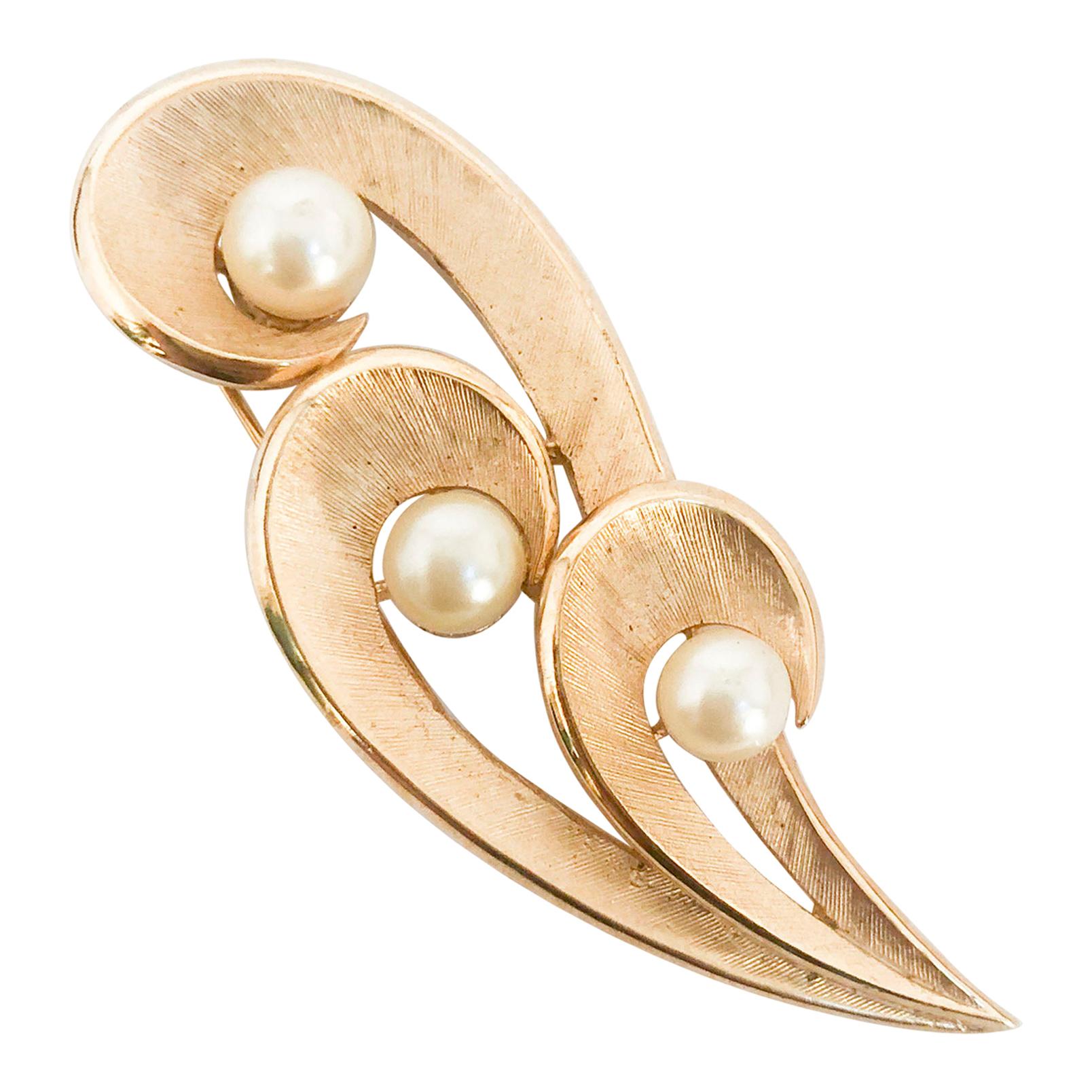 1960s Trifari Brass and Pearl Brooch