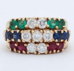 1960s Triple Row Emerald, Sapphire Ruby and Diamond Gold Prong Set Band Ring