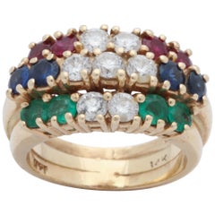 1960s Triple Row Emerald, Sapphire Ruby and Diamond Gold Prong Set Band Ring