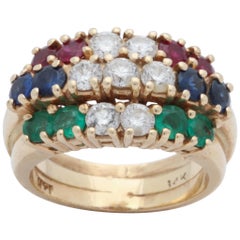 1960s Triple Row Emerald, Sapphire Ruby and Diamond Gold Prong Set Band Ring