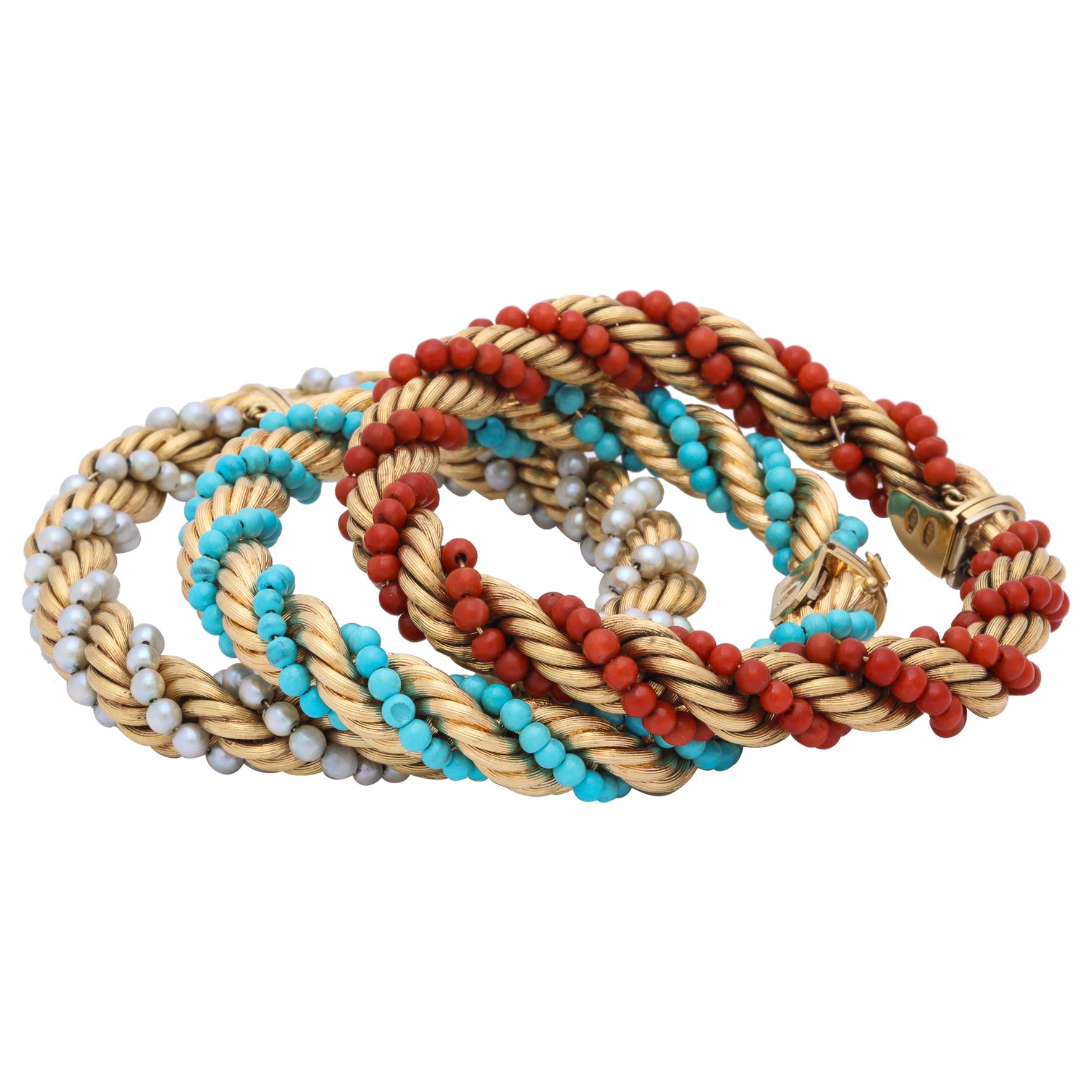 1960s Triple Stack Coral, Turquoise and Pearl Twisted Gold Rope Design Bracelets