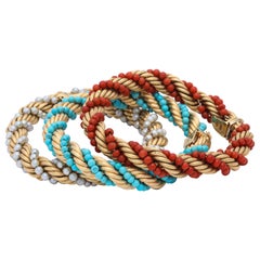 1960s Triple Stack Coral, Turquoise and Pearl Twisted Gold Rope Design Bracelets