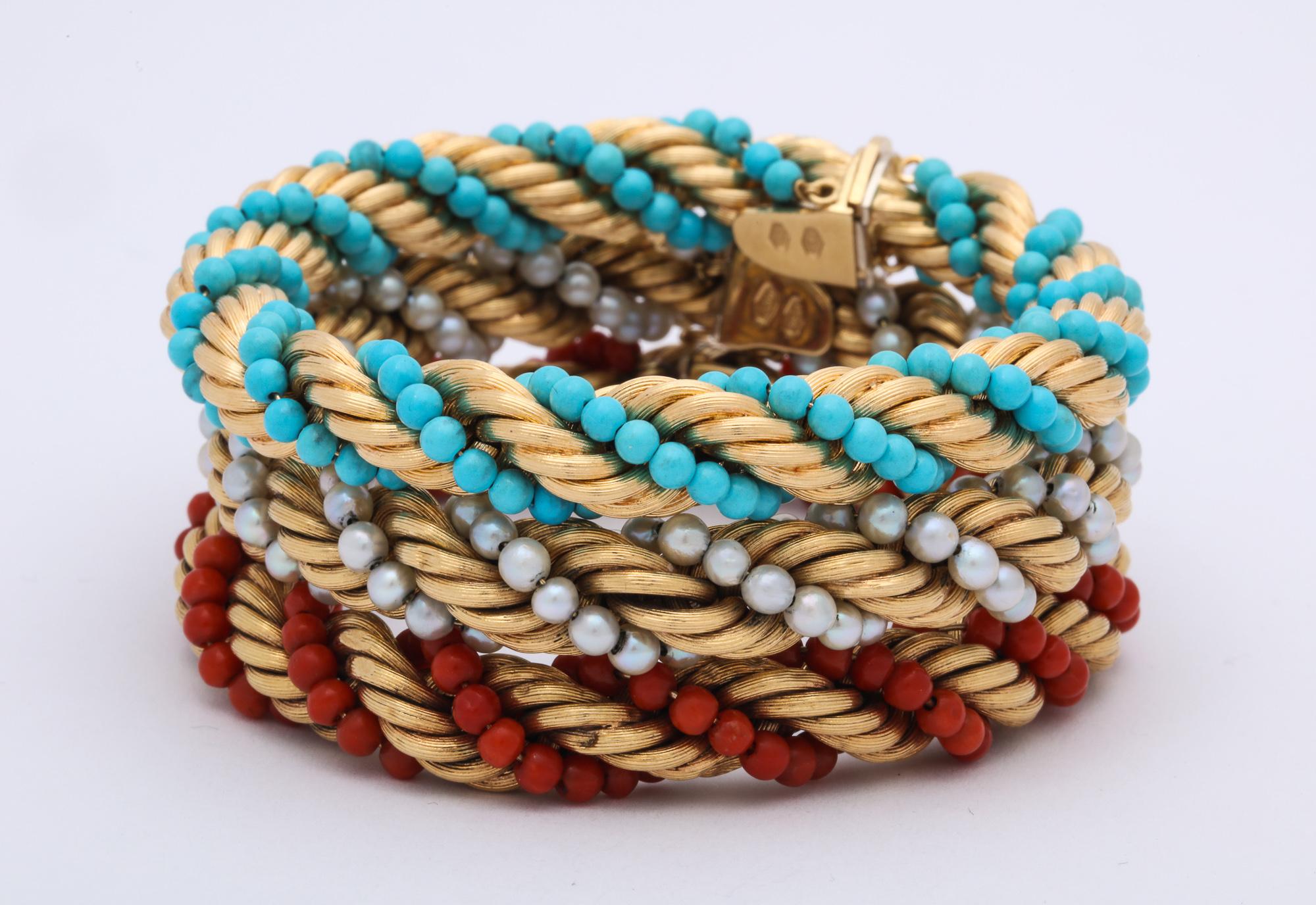 1960s Triple Stack Coral, Turquoise and Pearl Twisted Gold Rope Design Bracelets In Fair Condition In New York, NY