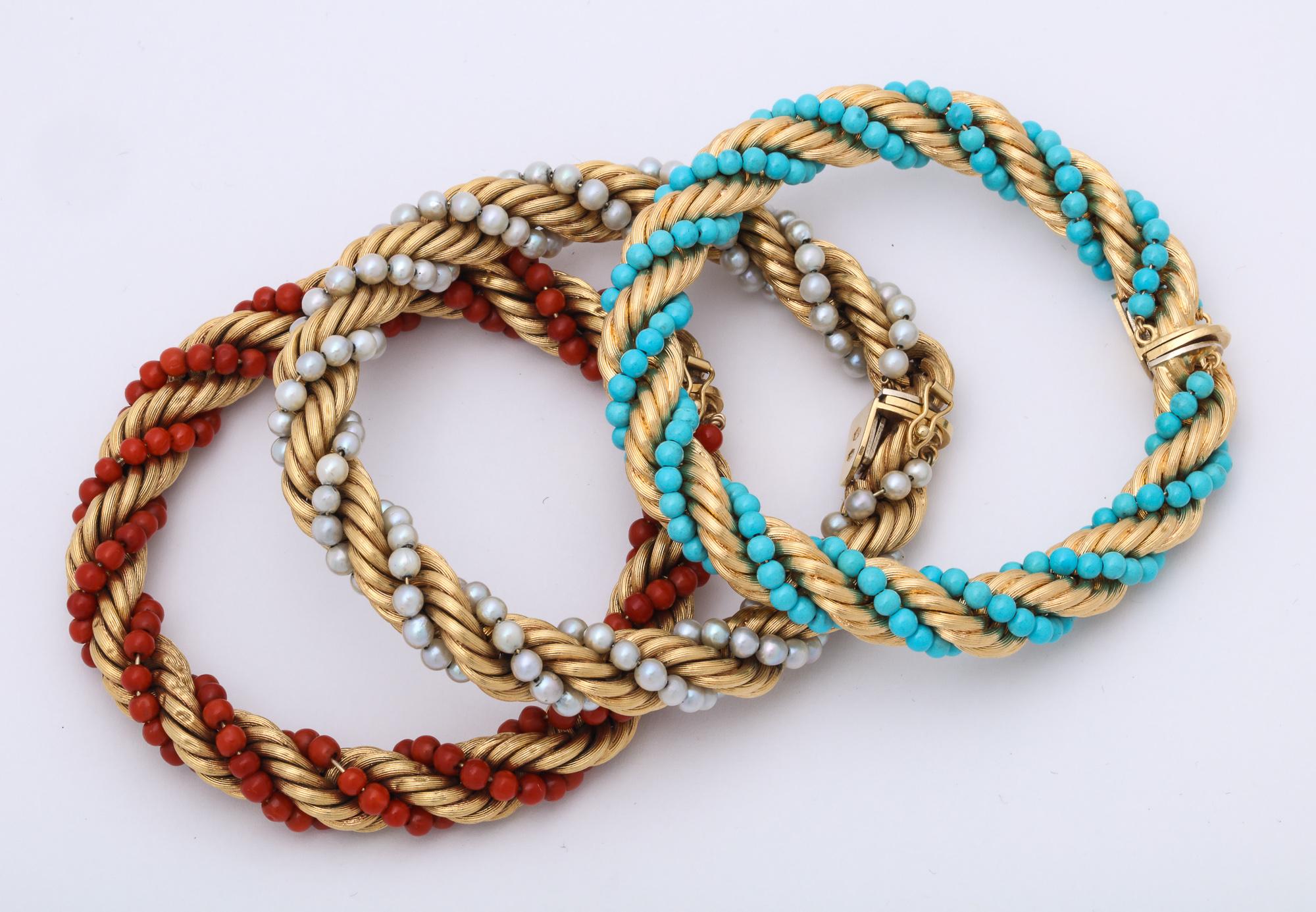 Women's 1960s Triple Stack Coral, Turquoise and Pearl Twisted Gold Rope Design Bracelets