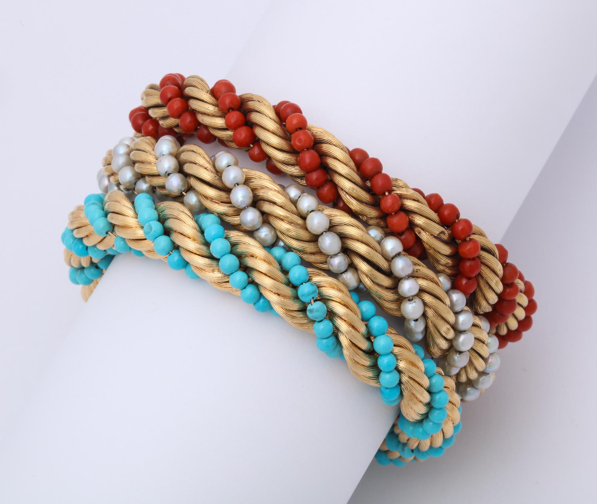 1960s Triple Stack Coral, Turquoise and Pearl Twisted Gold Rope Design Bracelets 1