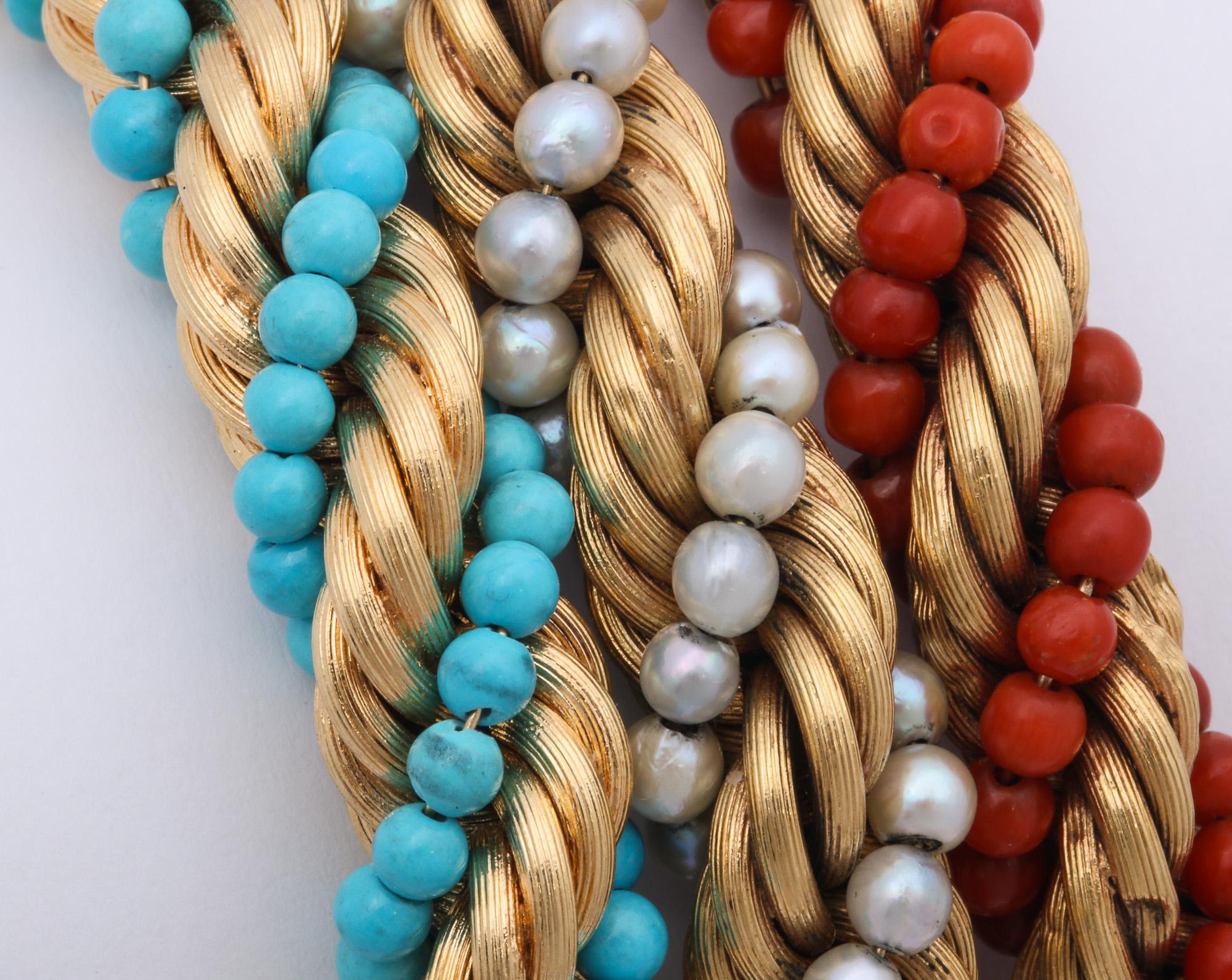 1960s Triple Stack Coral, Turquoise and Pearl Twisted Gold Rope Design Bracelets 2