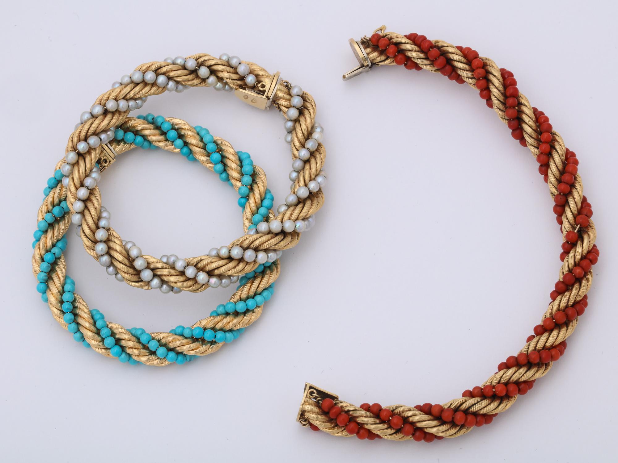 1960s Triple Stack Coral, Turquoise and Pearl Twisted Gold Rope Design Bracelets 3