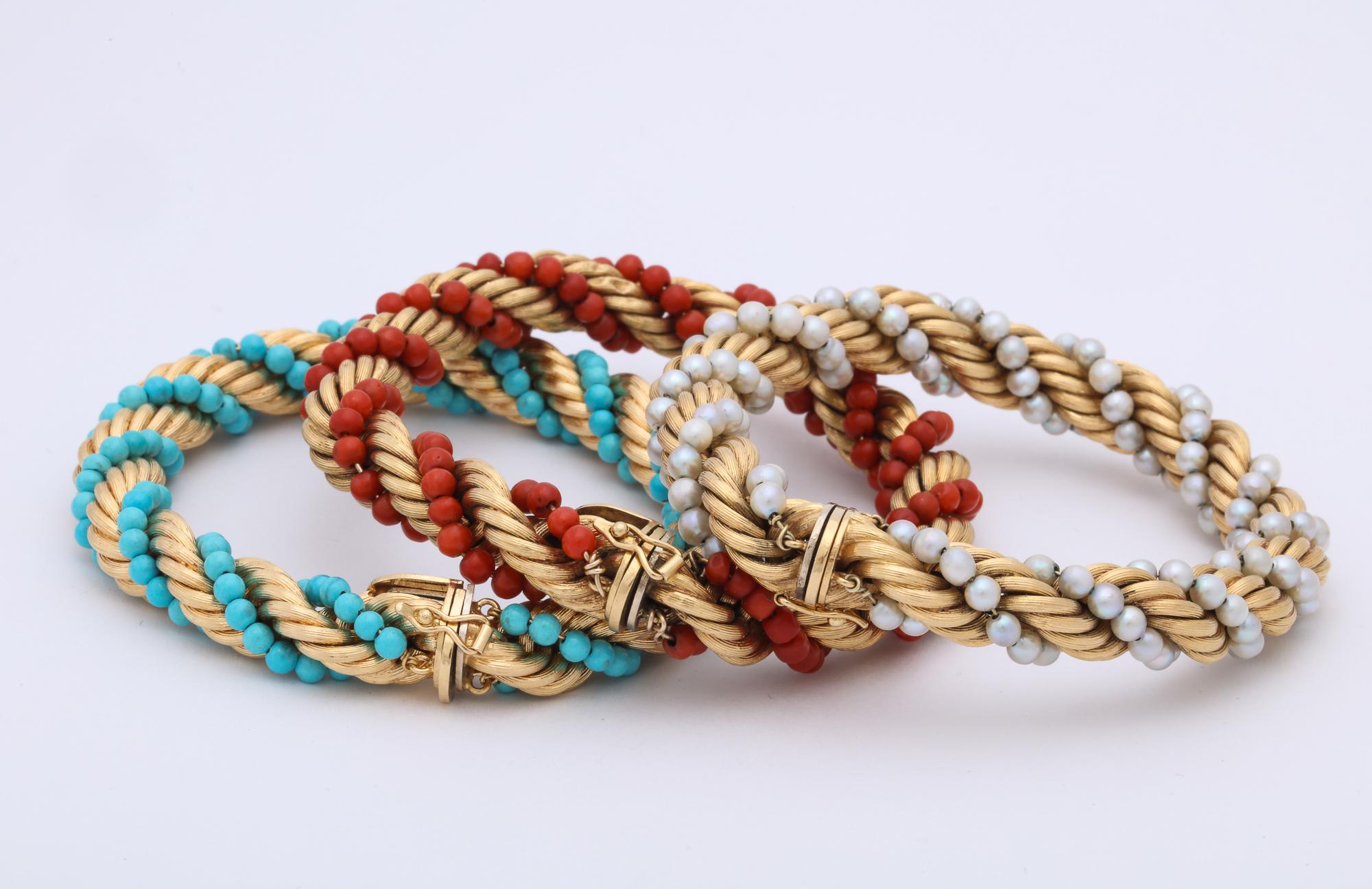 1960s Triple Stack Coral, Turquoise and Pearl Twisted Gold Rope Design Bracelets 4