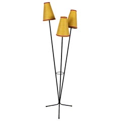 1960s Tripod Standing Lamp, Lacquered Steel, Raffia and Velvet, France