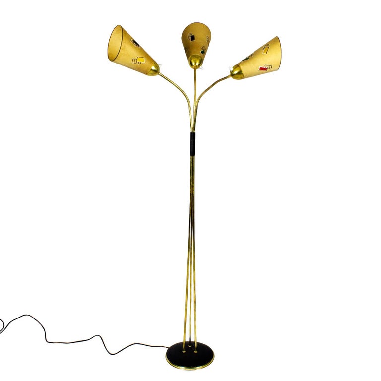 1960s Tripod Standing Lamp, Steel, Brass, Painted Paper Lampshades, France For Sale at 1stdibs