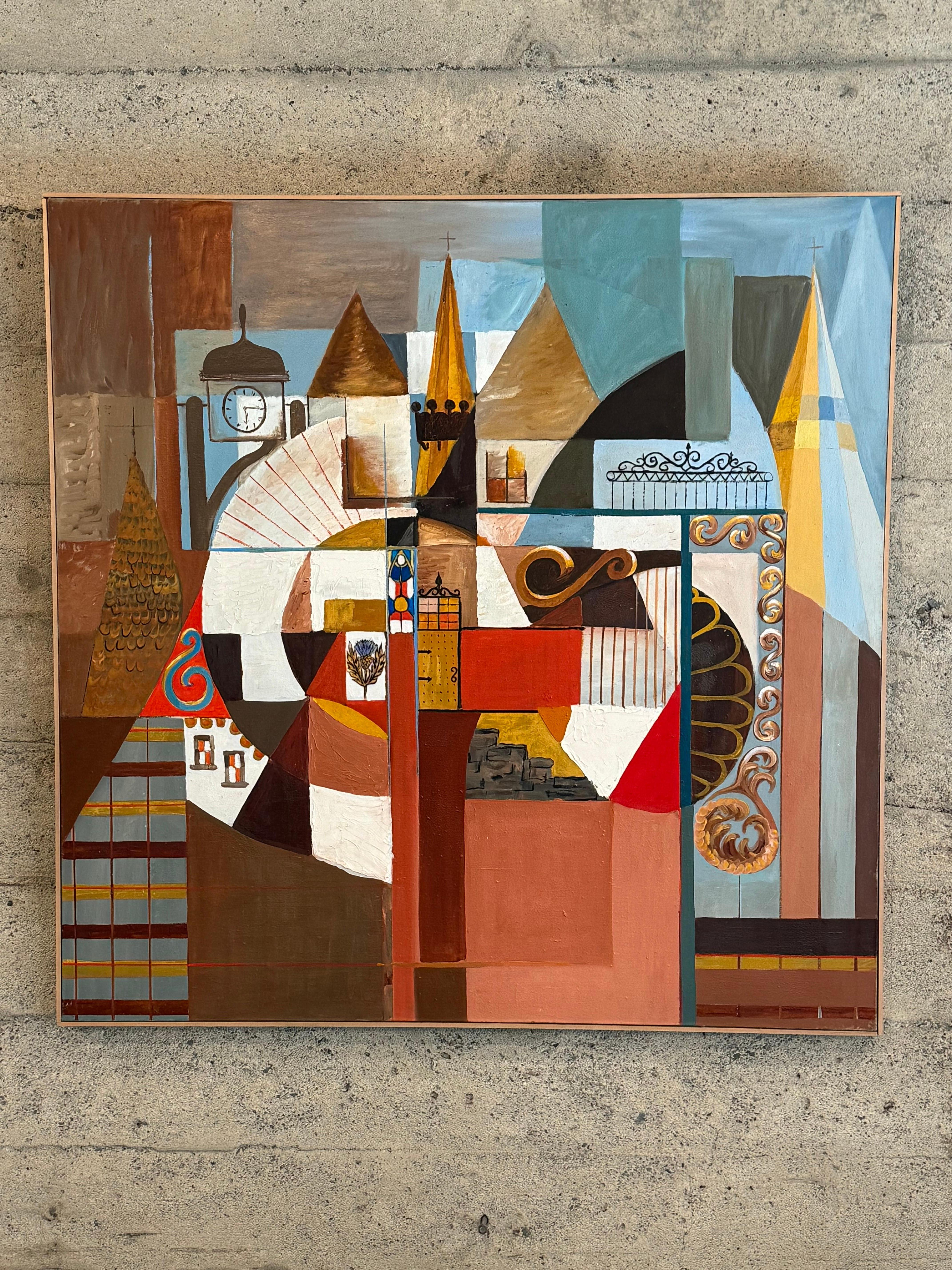 Una caprichosa pintura acrílica sobre lienzo de los años 60, que utiliza diversos elementos arquitectónicos con un toque de surrealismo, hardedge y trampantojo en su creación en formato cuadrado. Bonita mezcla de colores en la paleta, marrones,