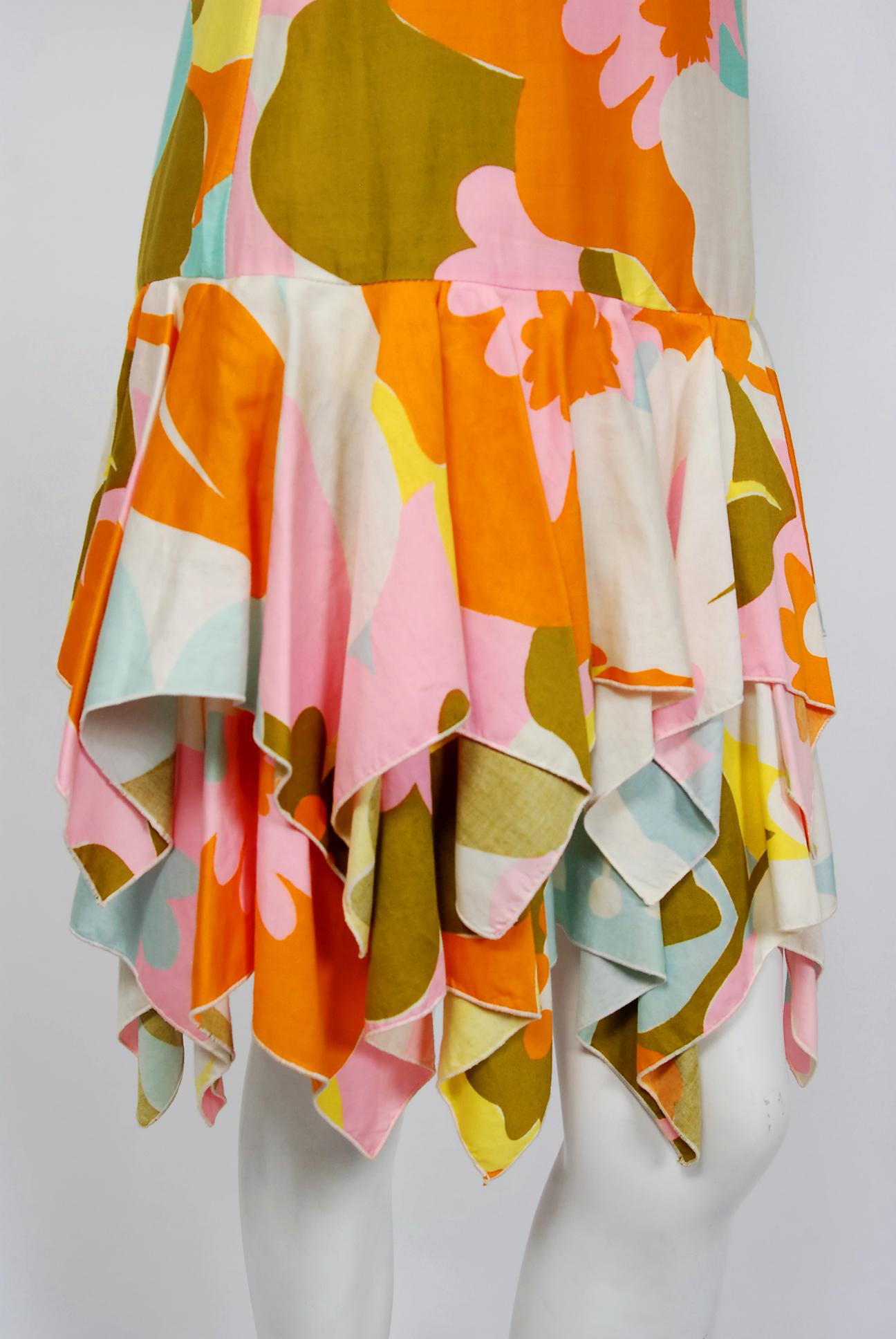 Beige Vintage 1960's Tropical Tiki Floral Print Cotton Drop-Waist Tiered Resort Dress
