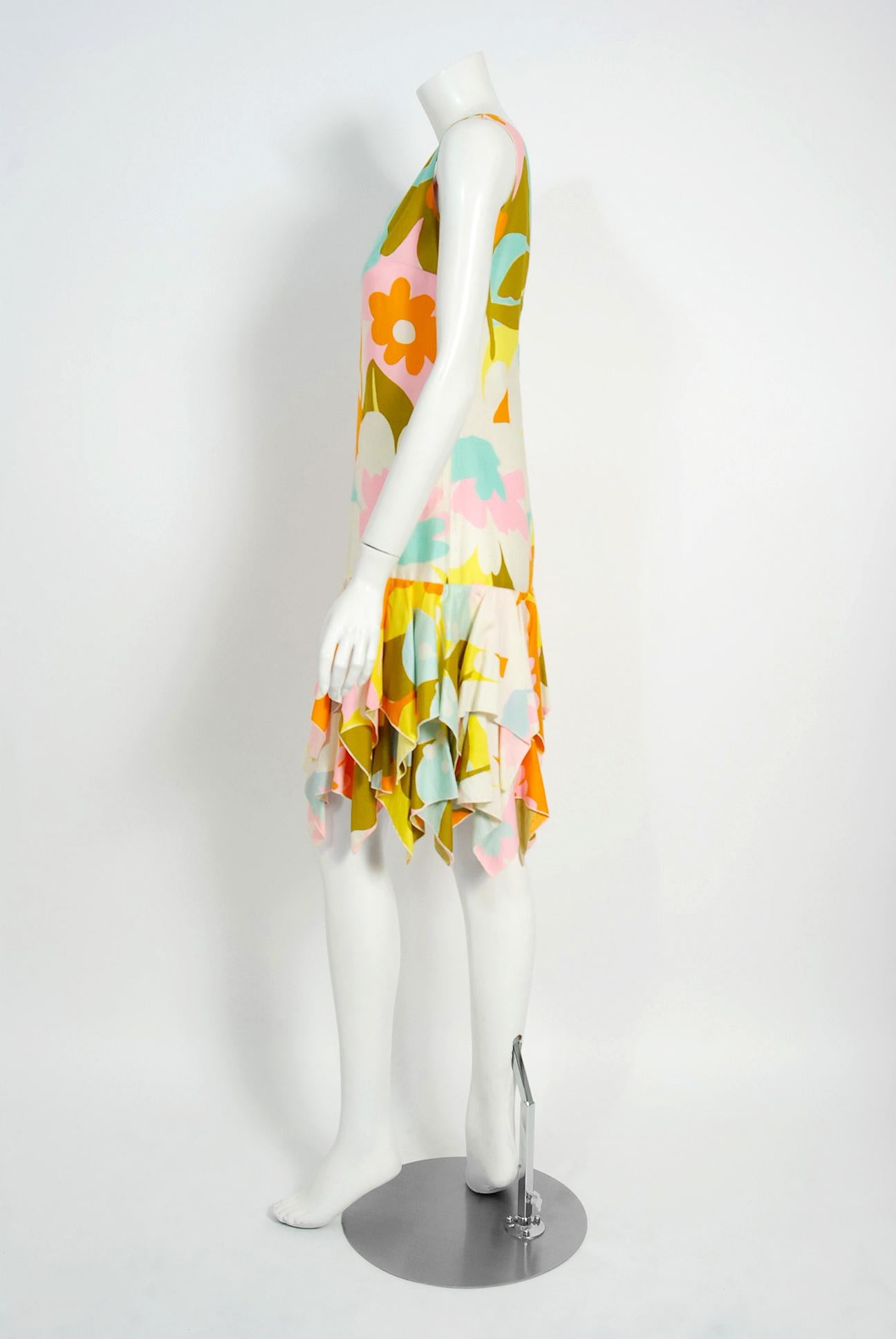 Women's Vintage 1960's Tropical Tiki Floral Print Cotton Drop-Waist Tiered Resort Dress