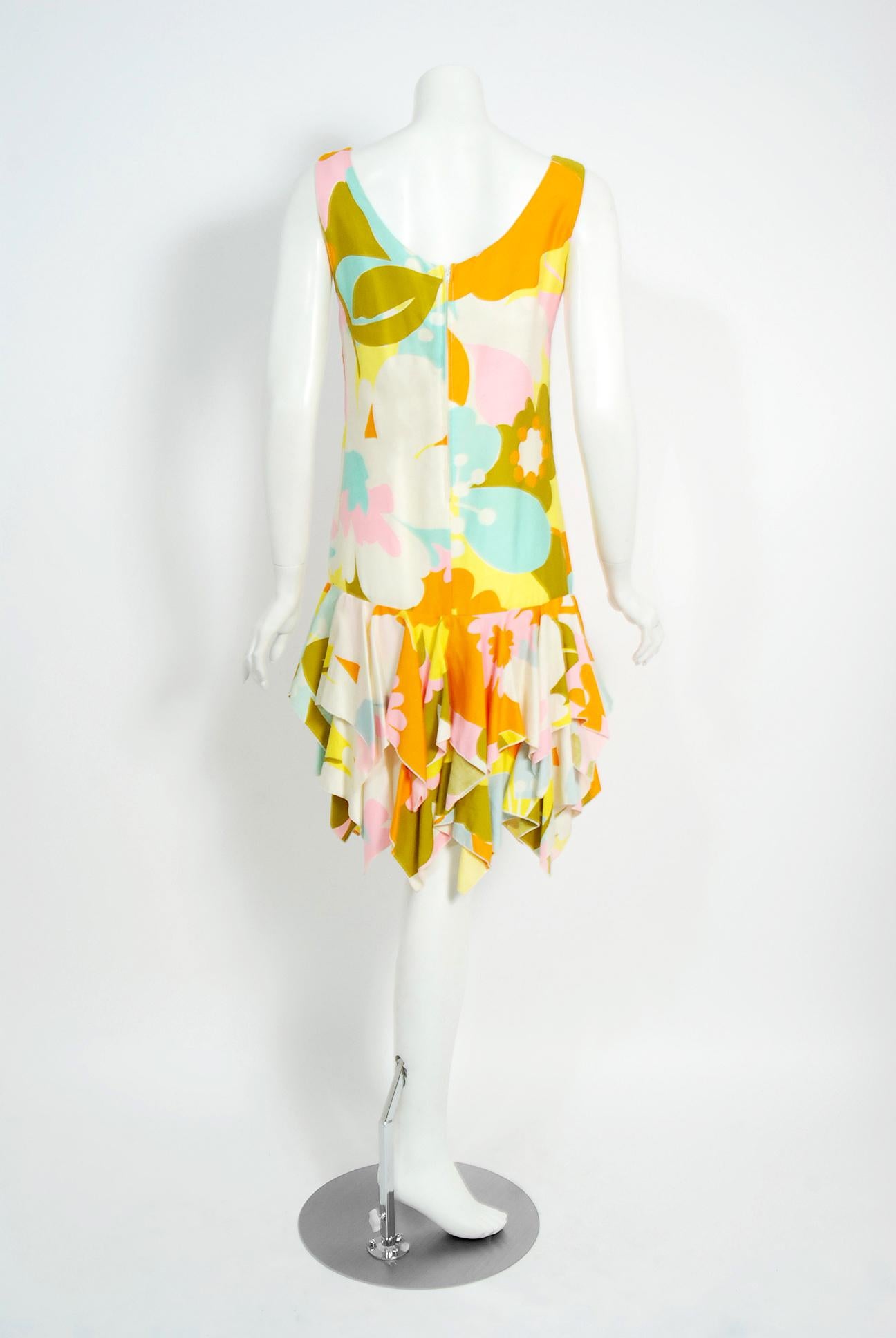 Vintage 1960's Tropical Tiki Floral Print Cotton Drop-Waist Tiered Resort Dress 1