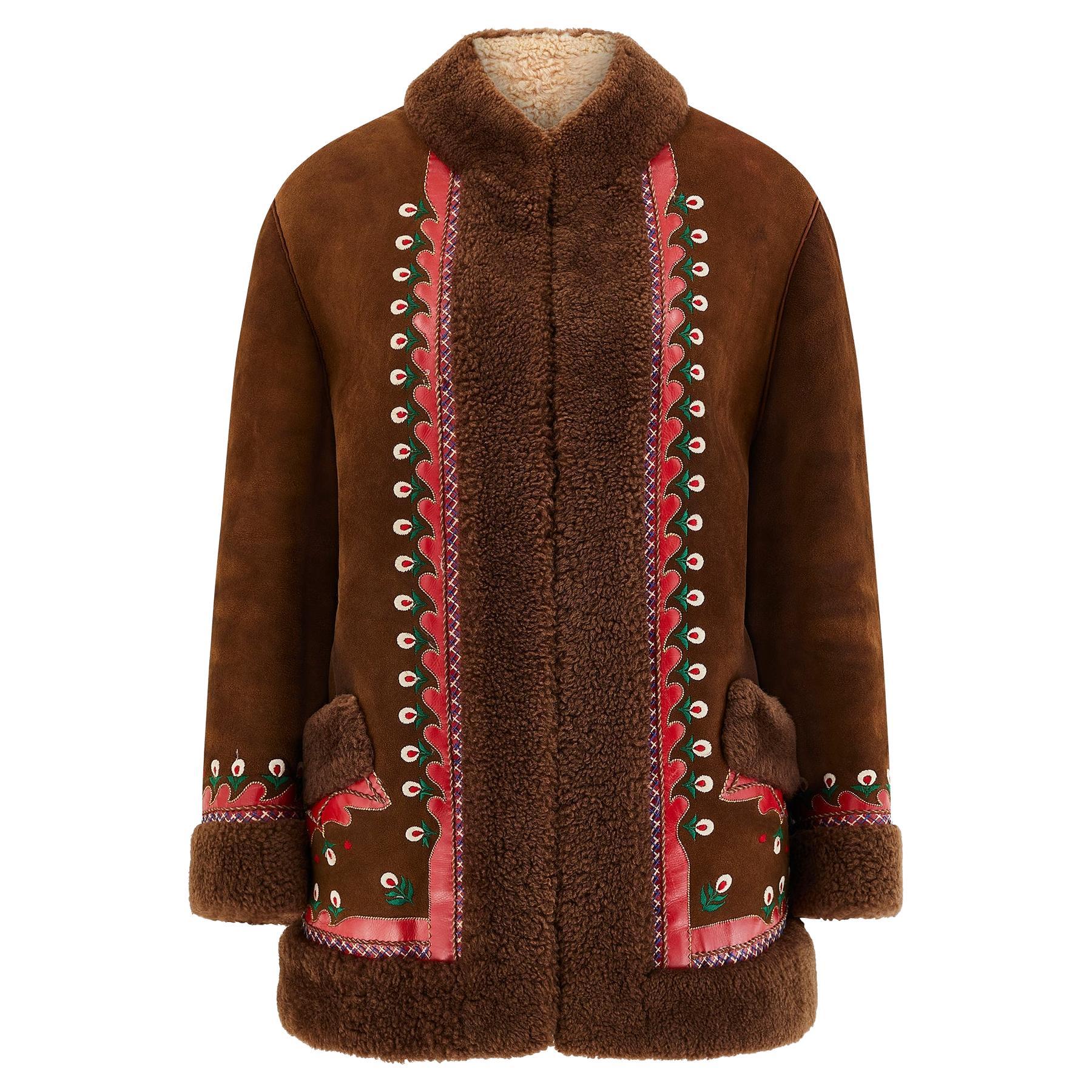 1960s True Vintage Brown Suede Embroidered Afghan Coat For Sale