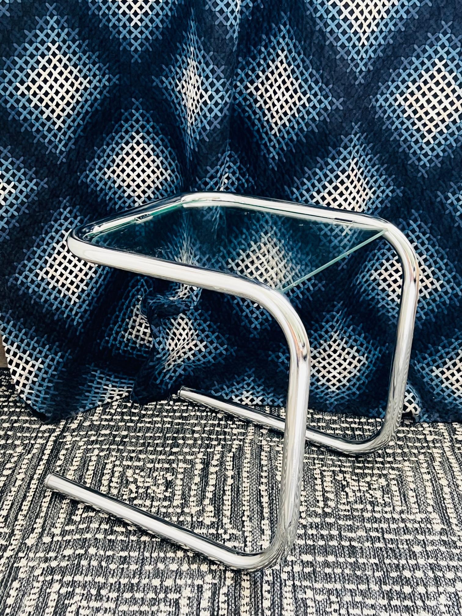 Bauhaus 1960's Tubular Chrome Side Table with Glass Inset in the Style of Marcel Breuer