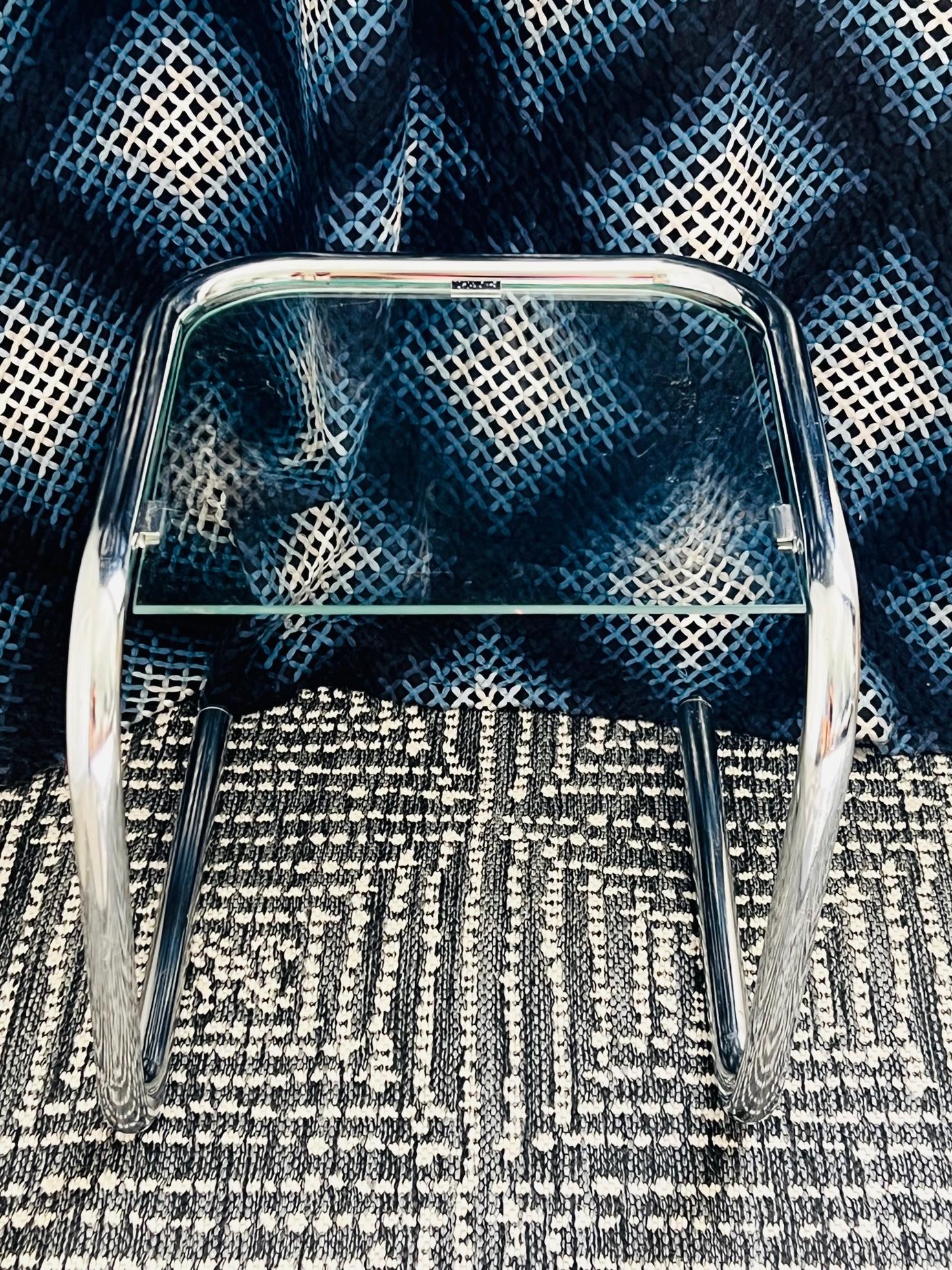 German 1960's Tubular Chrome Side Table with Glass Inset in the Style of Marcel Breuer