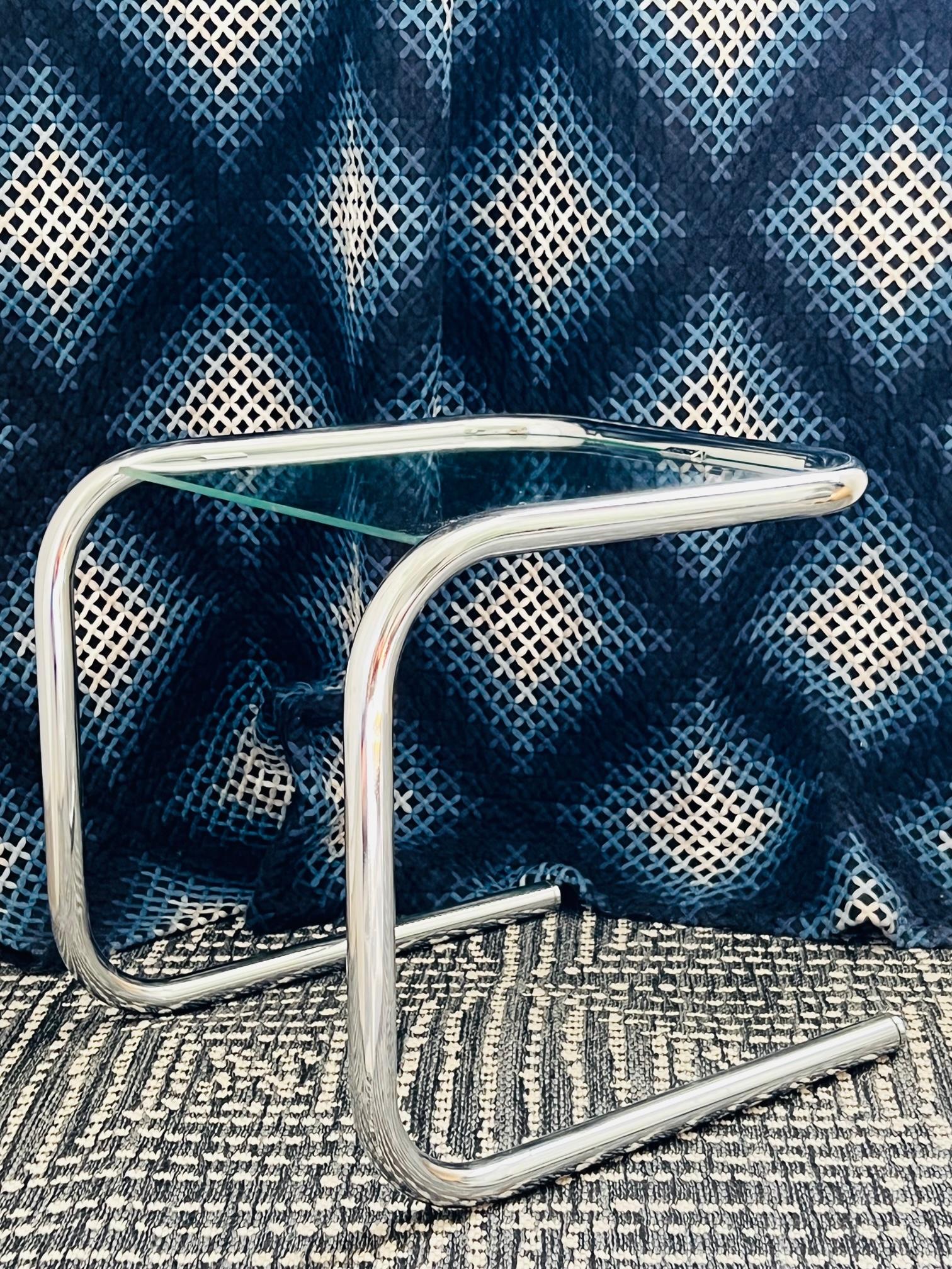Polished 1960's Tubular Chrome Side Table with Glass Inset in the Style of Marcel Breuer
