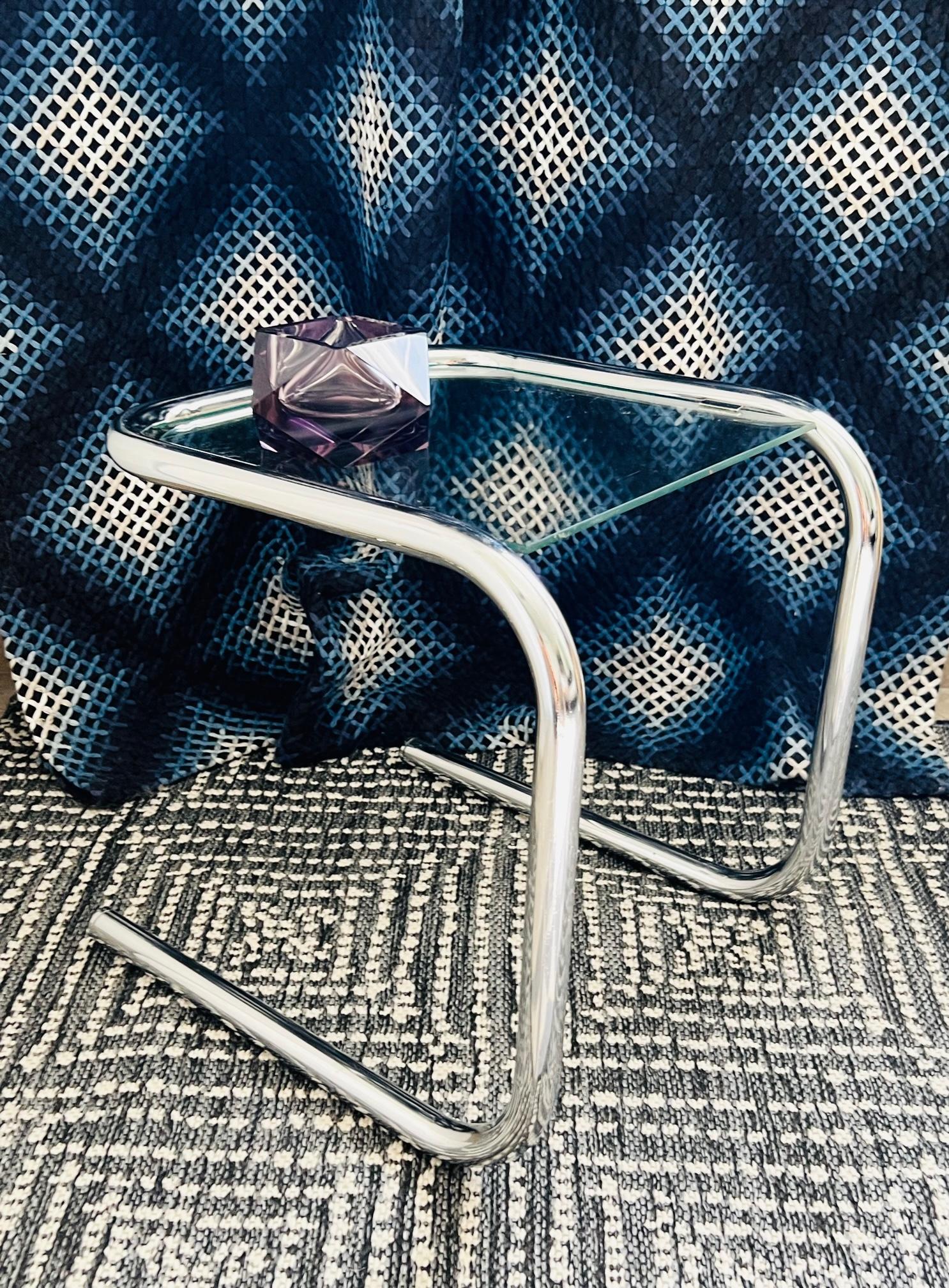 Mid-20th Century 1960's Tubular Chrome Side Table with Glass Inset in the Style of Marcel Breuer
