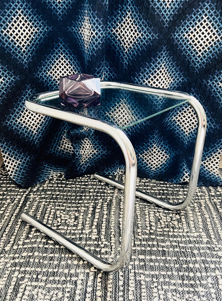 Mid-20th Century 1960's Tubular Chrome Side Table with Glass Inset in the Style of Marcel Breuer For Sale
