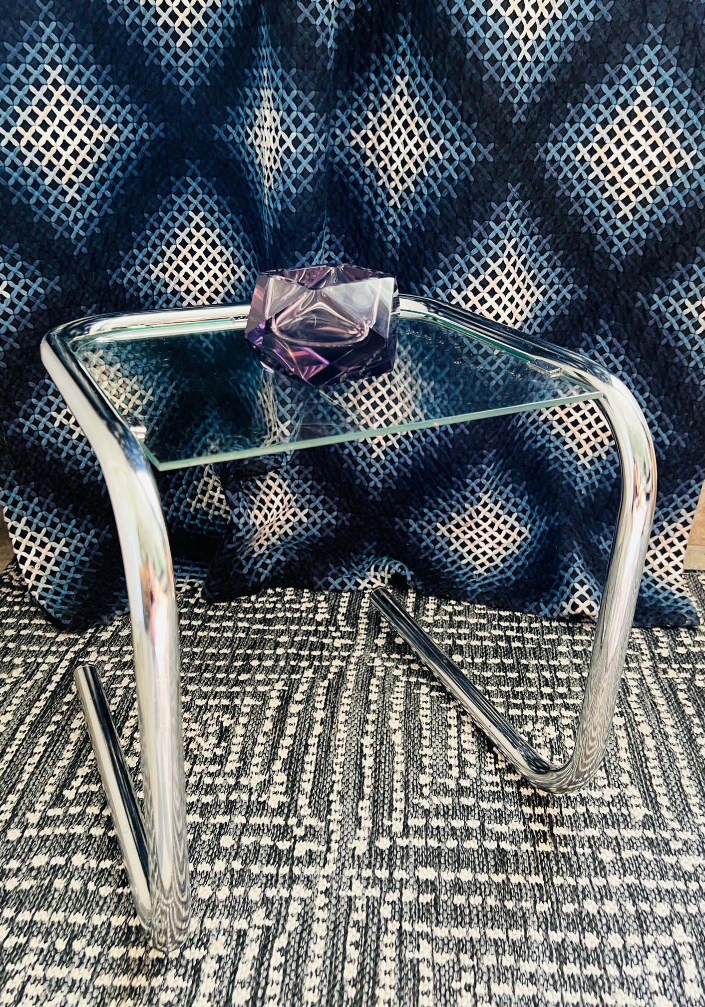 1960's Tubular Chrome Side Table with Glass Inset in the Style of Marcel Breuer 1