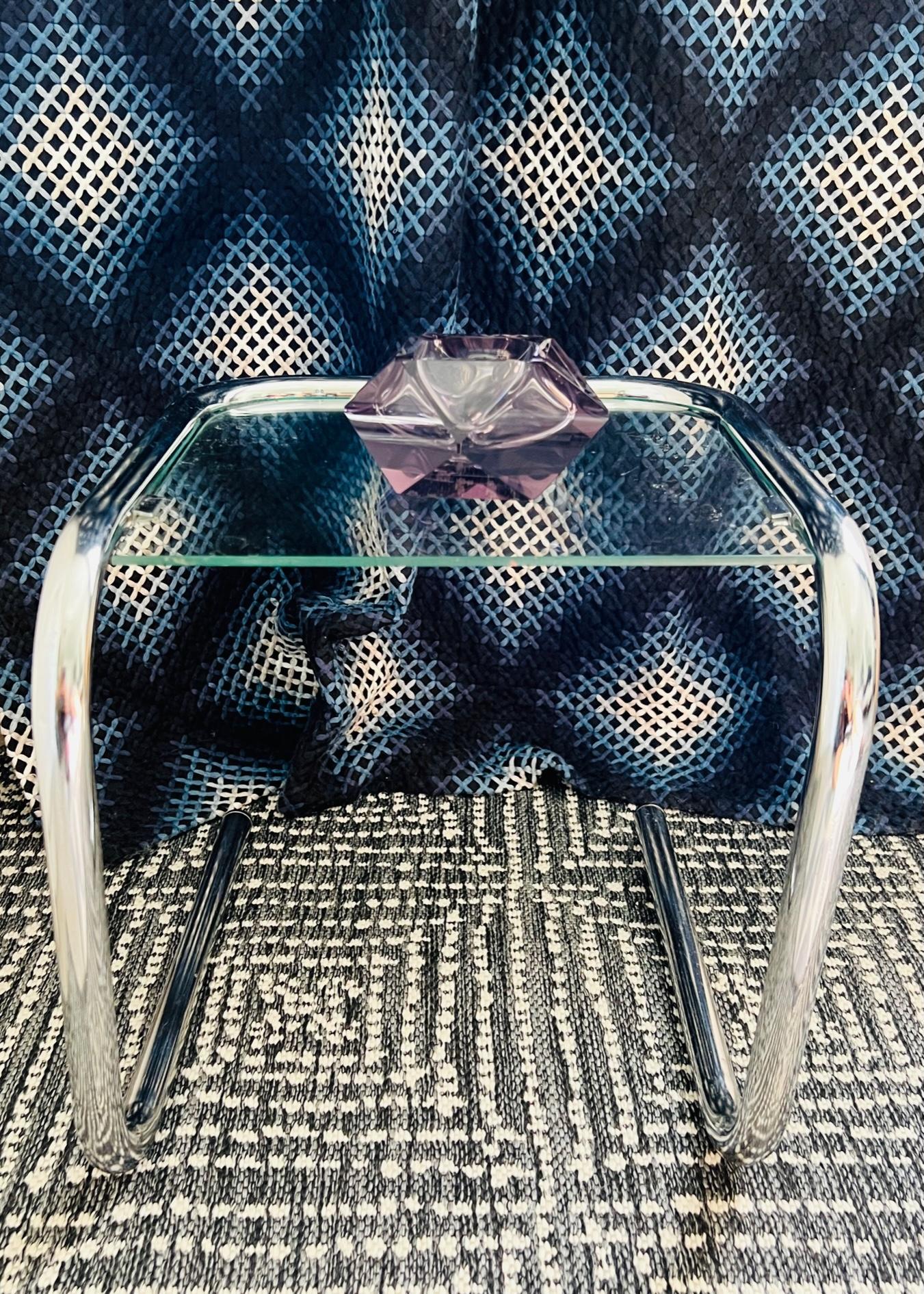 1960's Tubular Chrome Side Table with Glass Inset in the Style of Marcel Breuer 2