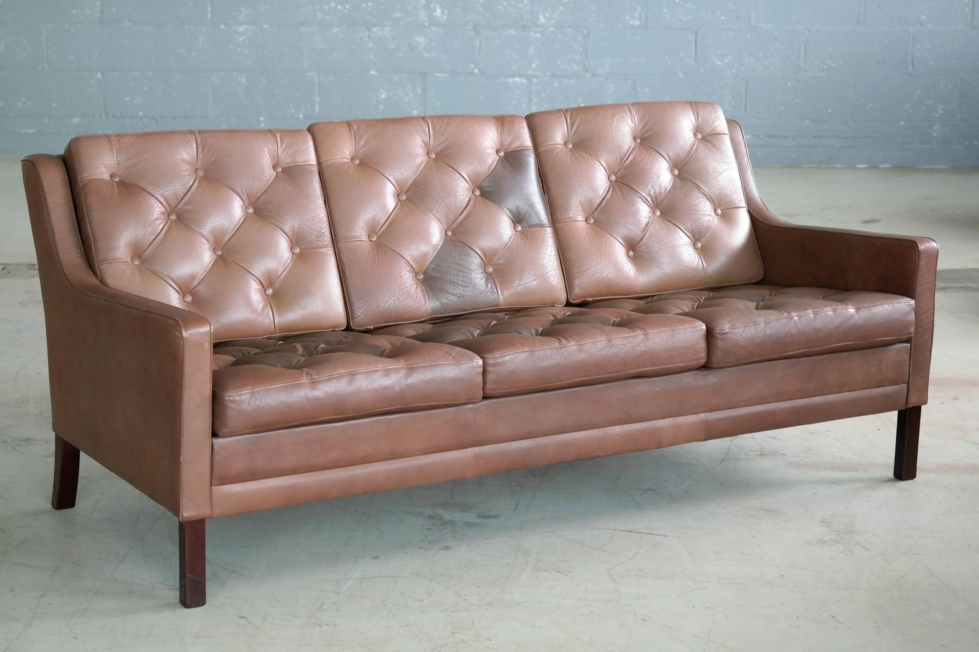 Mid-Century Modern 1960s Tufted Patchwork Leather Sofa by Ib Kofod-Larsen for OPE Mobler, Sweden