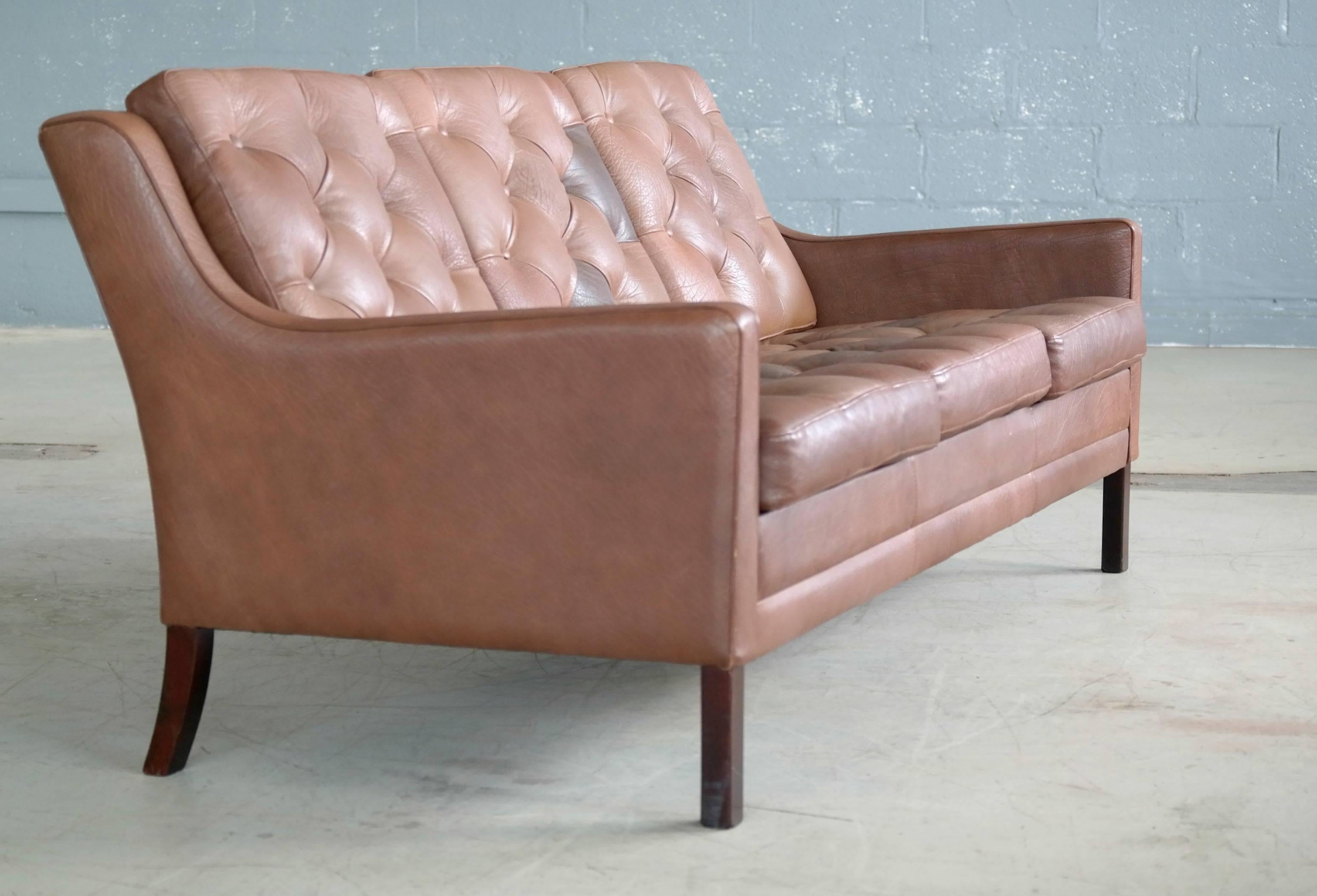 1960s Tufted Patchwork Leather Sofa by Ib Kofod-Larsen for OPE Mobler, Sweden In Good Condition In Bridgeport, CT