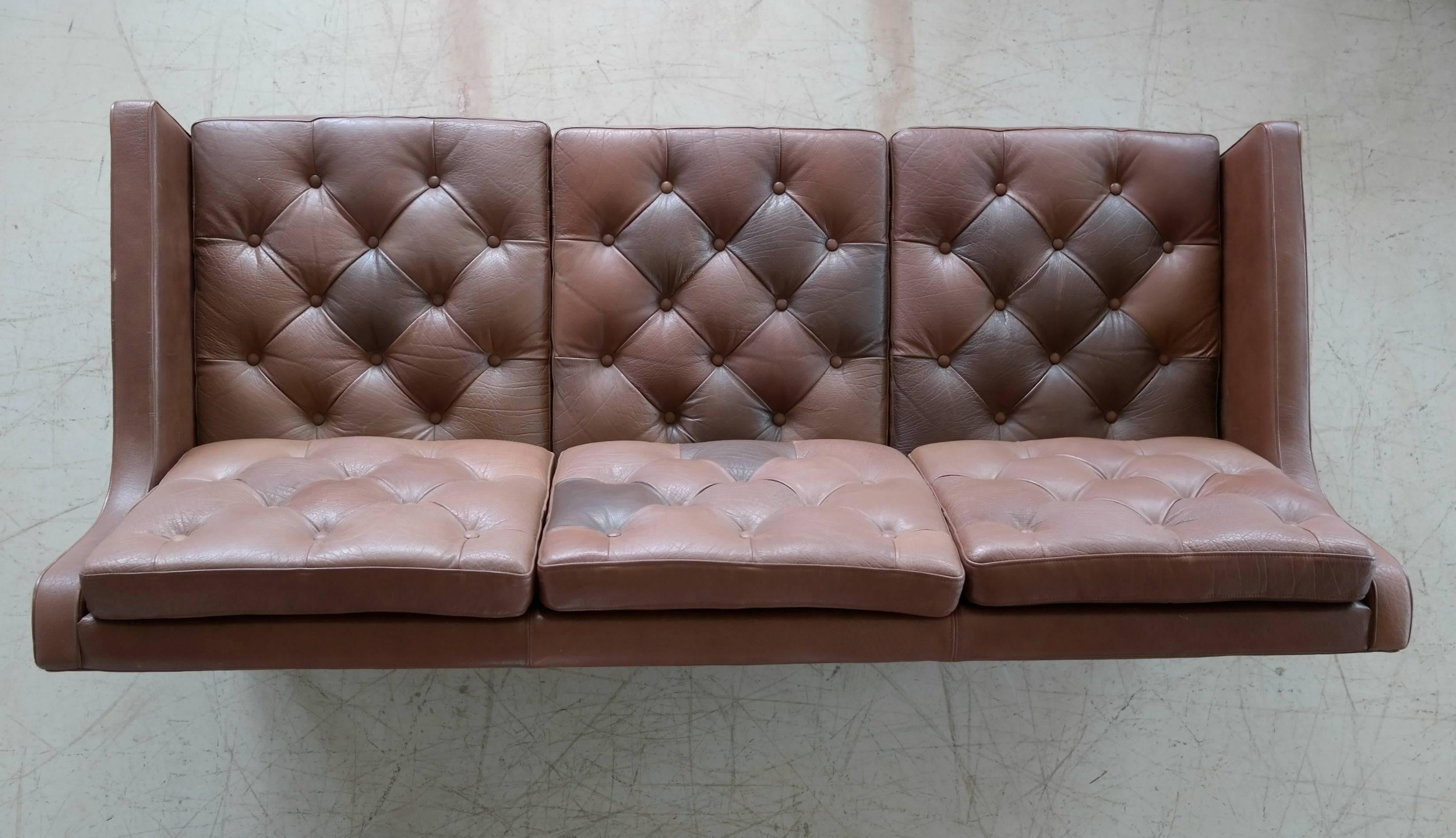 Mid-20th Century 1960s Tufted Patchwork Leather Sofa by Ib Kofod-Larsen for OPE Mobler, Sweden