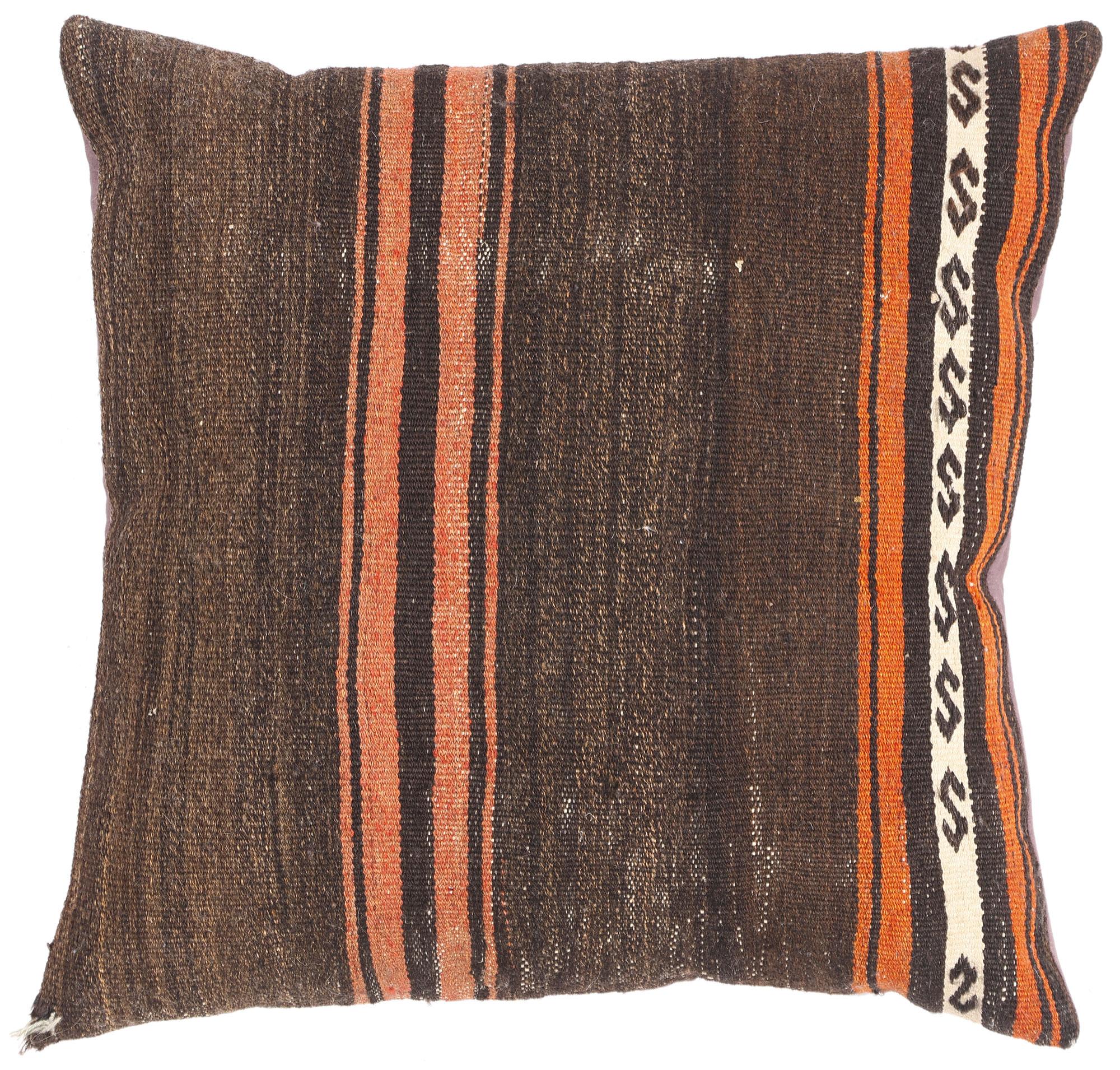 79204 Vintage Turkish Kilim Pillow, 01'09 x 01'09 x 00'06. Woven with the warmth of Anatolian earth and the rhythm of nomadic tradition, this handwoven wool vintage Turkish kilim pillow tells a story etched in every thread. Crafted from a flatwoven