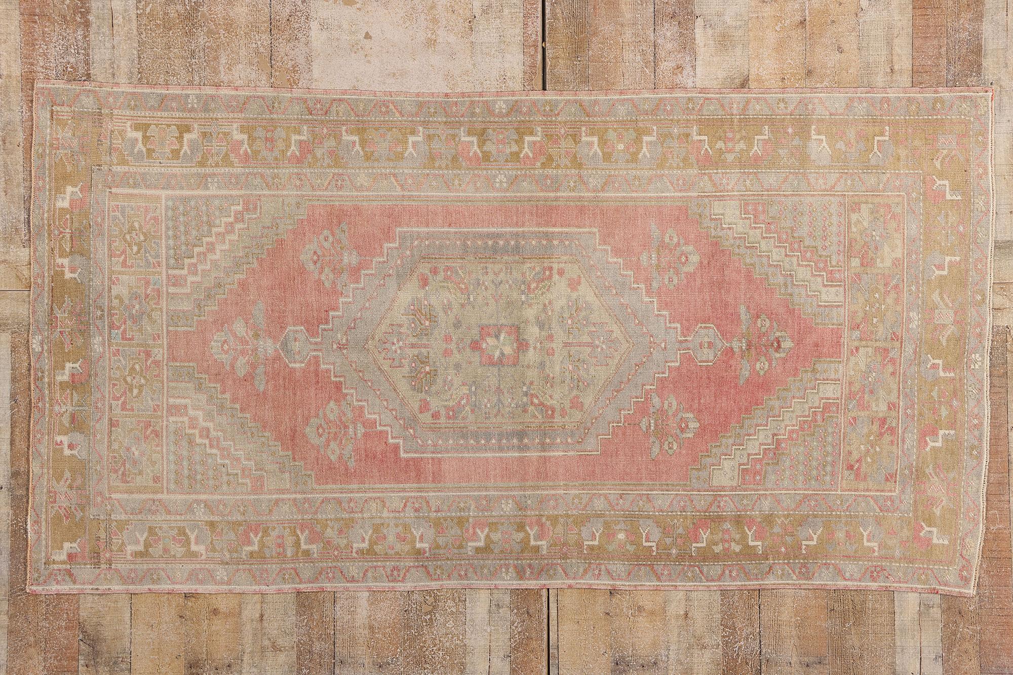 54000 Vintage Turkish Oushak Rug, 04'01 x 07'09. Woven with ancestral artistry in the storied heartlands of Western Anatolia, this hand knotted wool vintage Turkish Oushak rug reveals a language of geometry and symbolism, passed from loom to loom