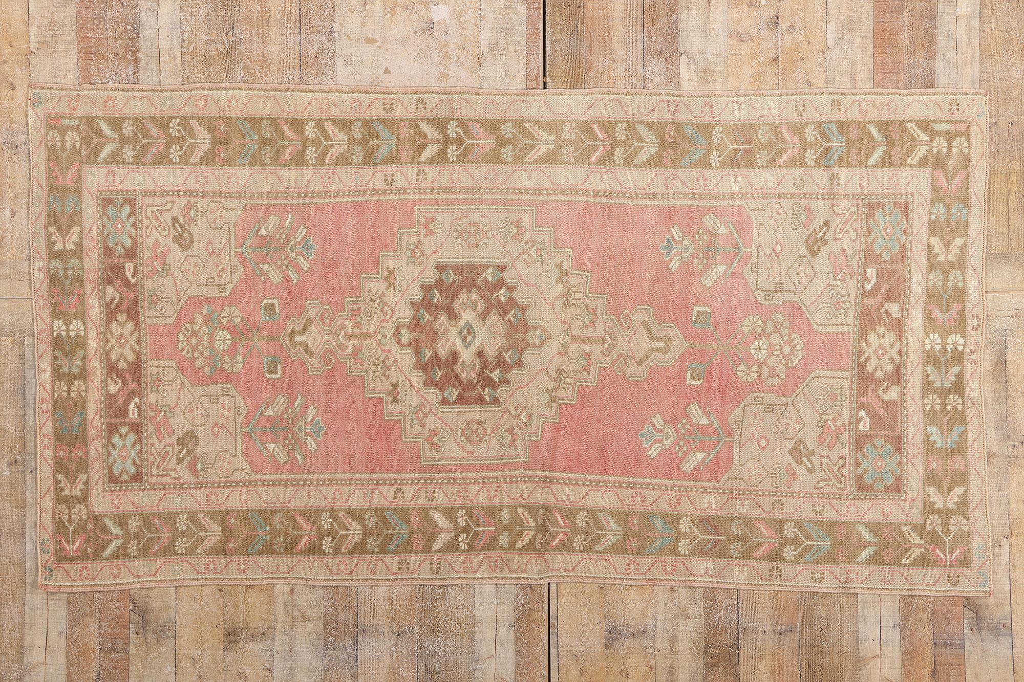 54001 Vintage Turkish Oushak Rug, 04'06 x 08'06. Woven in the quiet highlands of Western Anatolia, this hand knotted wool precious vintage Turkish Oushak rug tells a timeless story of life, lineage, and protection through the language of symbol and