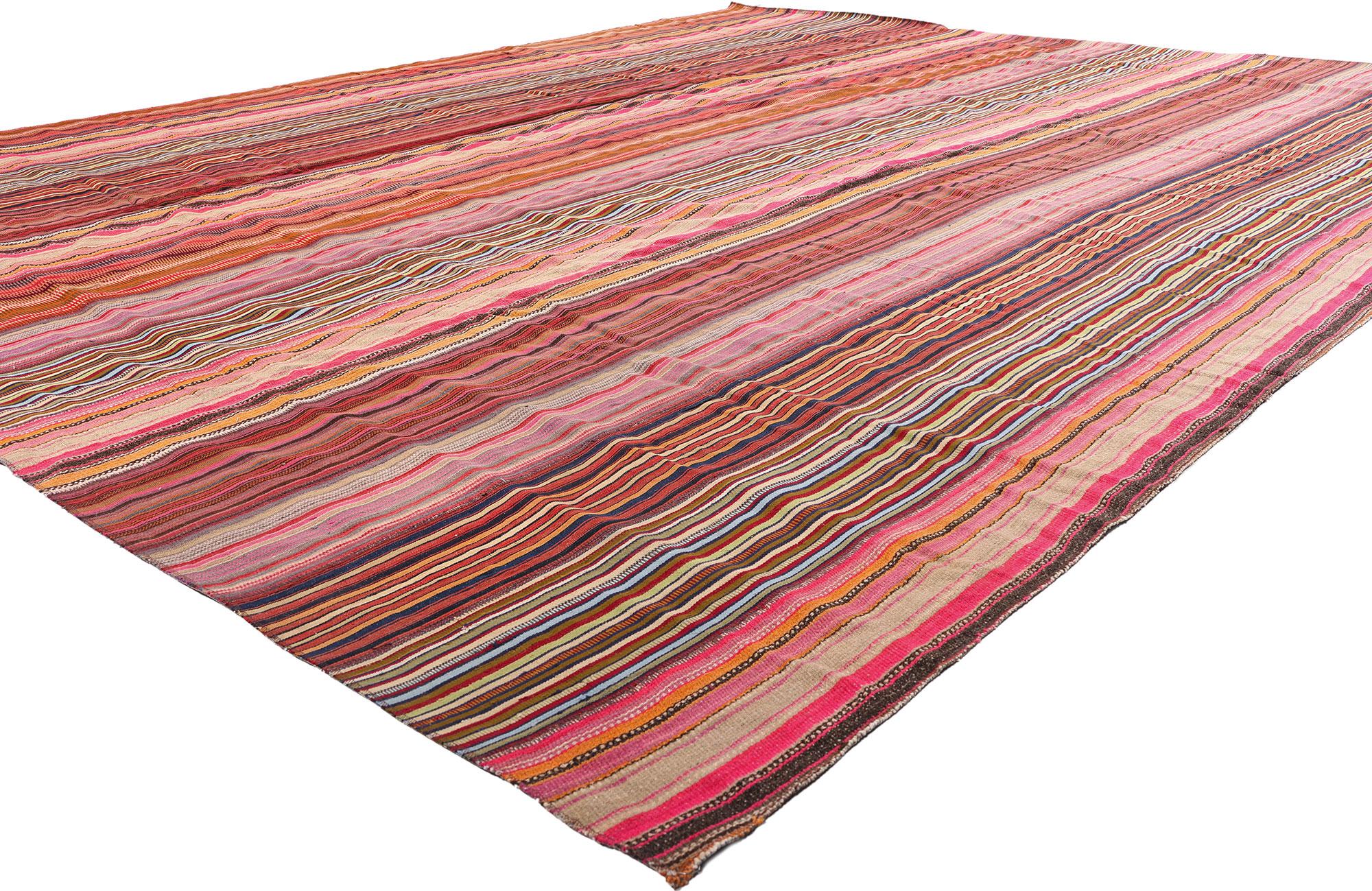 Hand-Woven 1960's Turkish Striped Kilim Rug with Modern Rustic Cabin Style