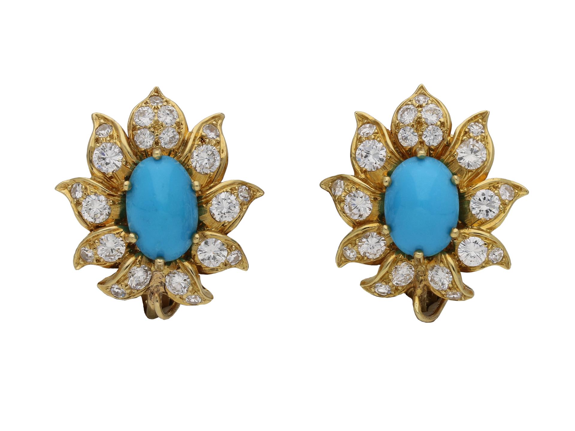 Vintage turquoise and diamond day and night clip earrings. A matching pair, set with two oval cabochon natural unenhanced turquoise to the lower drops with a combined weight of 10.00 carats, and two oval cabochon natural unenhanced turquoise to the