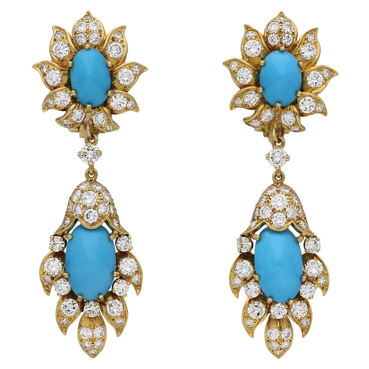 1960s Turquoise and Diamond Day and Night Clip Earrings For Sale