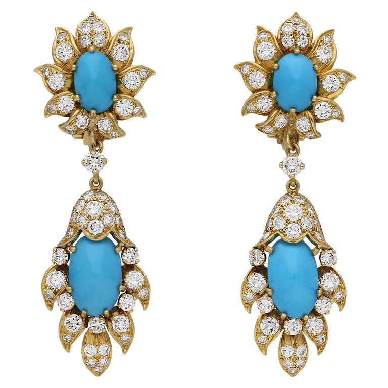1960s Turquoise and Diamond Day and Night Clip Earrings For Sale at 1stDibs
