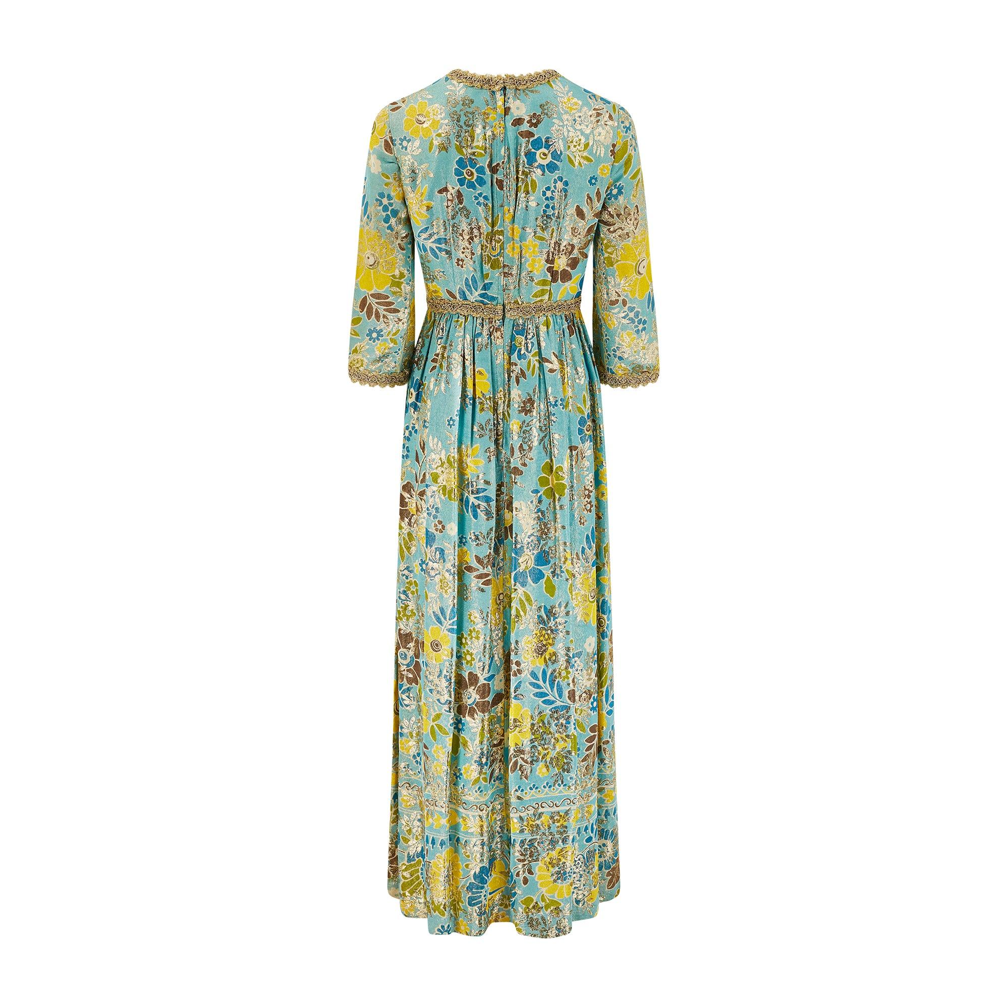 1960er Jahre Türkis und Gold Lurex Floral Maxikleid (Grau) im Angebot