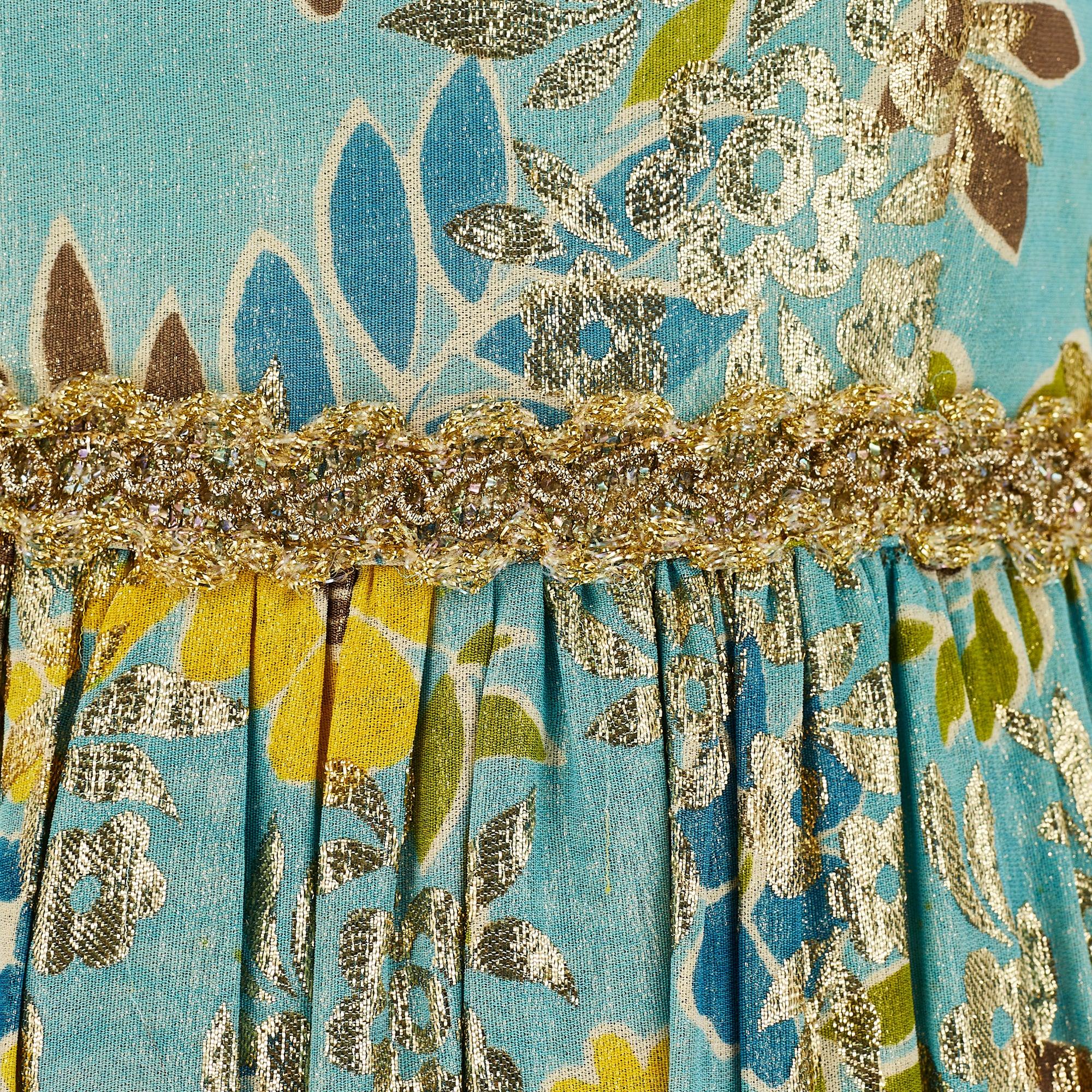 1960er Jahre Türkis und Gold Lurex Floral Maxikleid im Zustand „Hervorragend“ im Angebot in London, GB