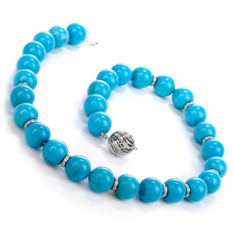 1960s Turquoise Bead Diamond White Gold Strand Necklace at 1stDibs